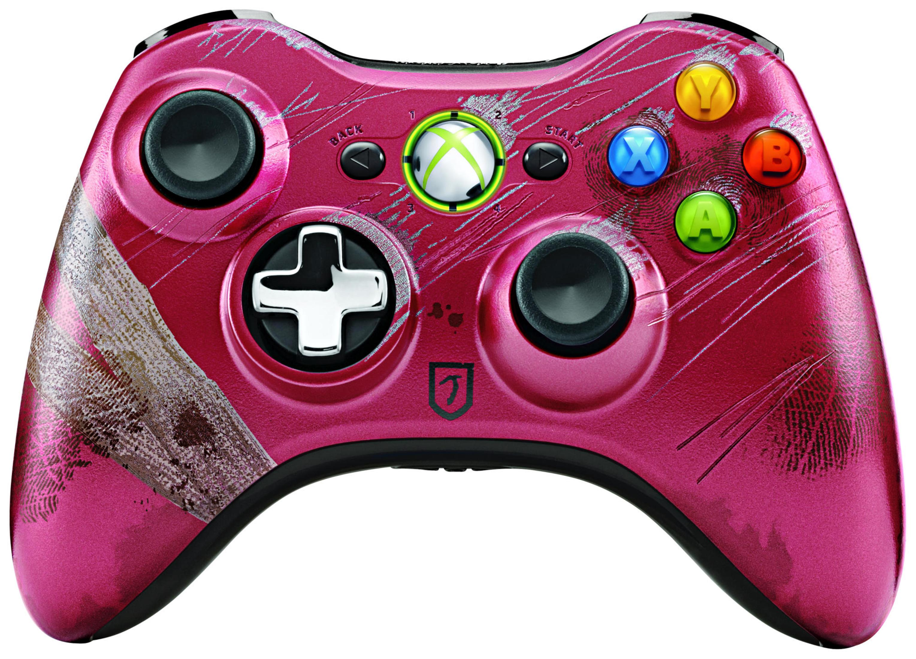 Ein pinkfarbener Xbox 360 Controller. Mit Knöpfen und zwei Joysticks.