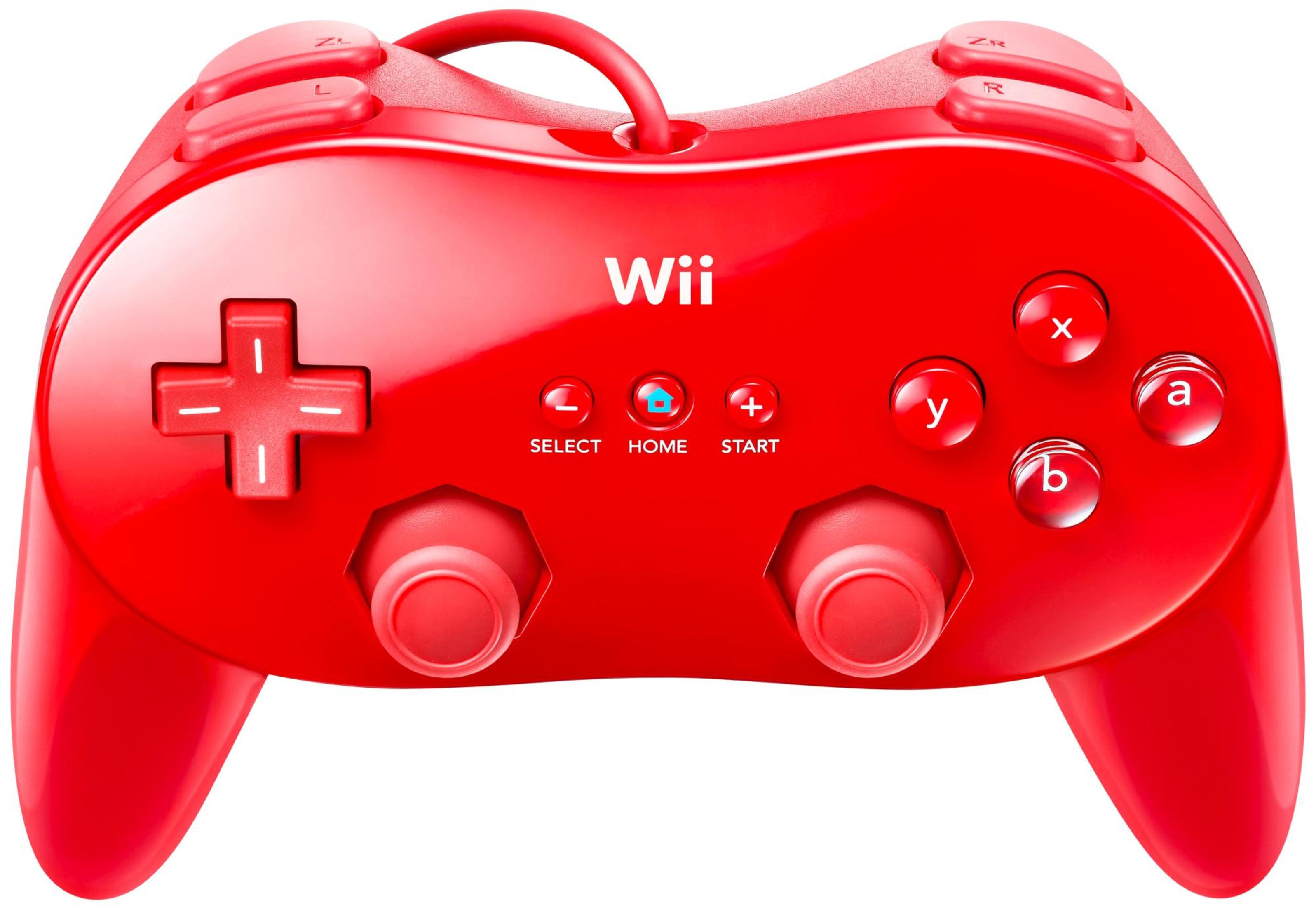 Roter Wii-Controller mit schwarzen Knöpfen und einem D-Pad in Kreuzform.