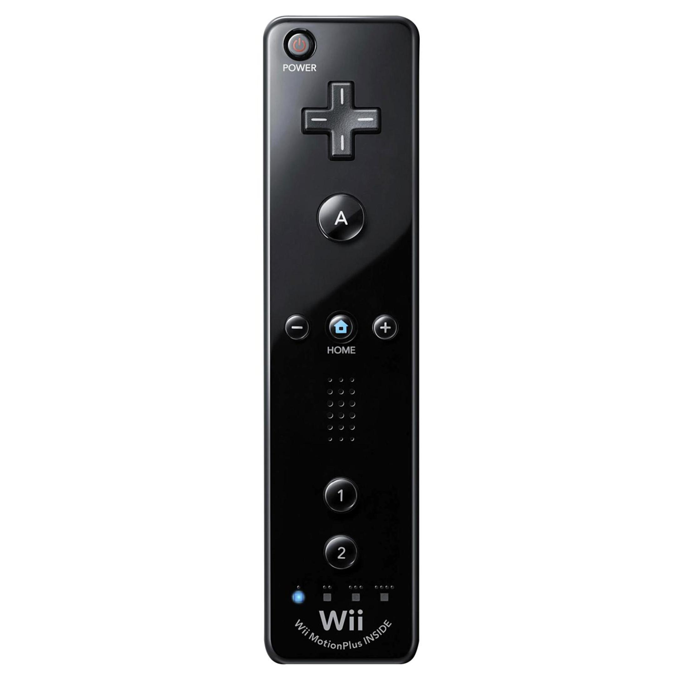 Schwarze Wii-Fernbedienung mit Tasten und Power-Taste.