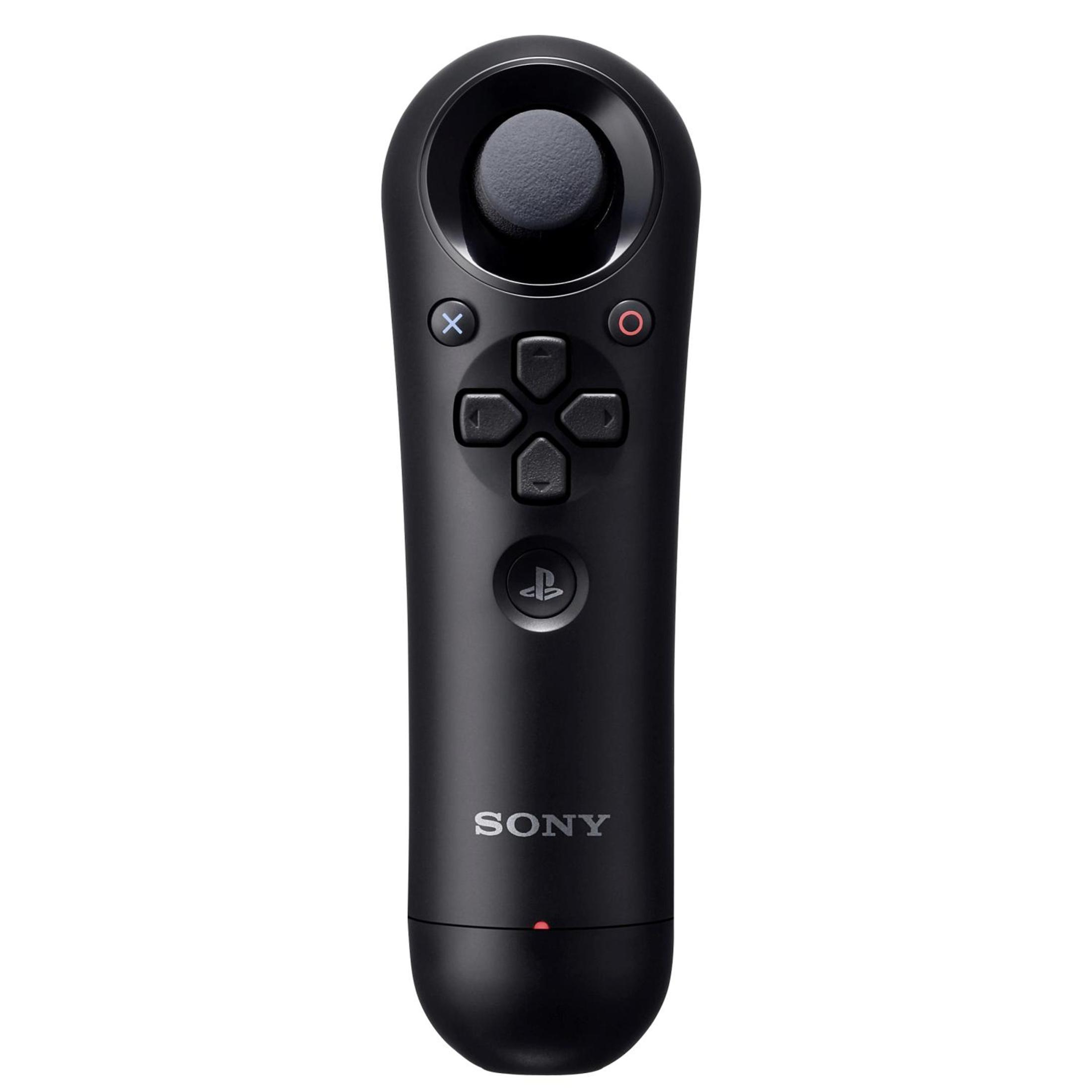 Schwarzer Sony Playstation Controller mit Knöpfen auf weißem Hintergrund.