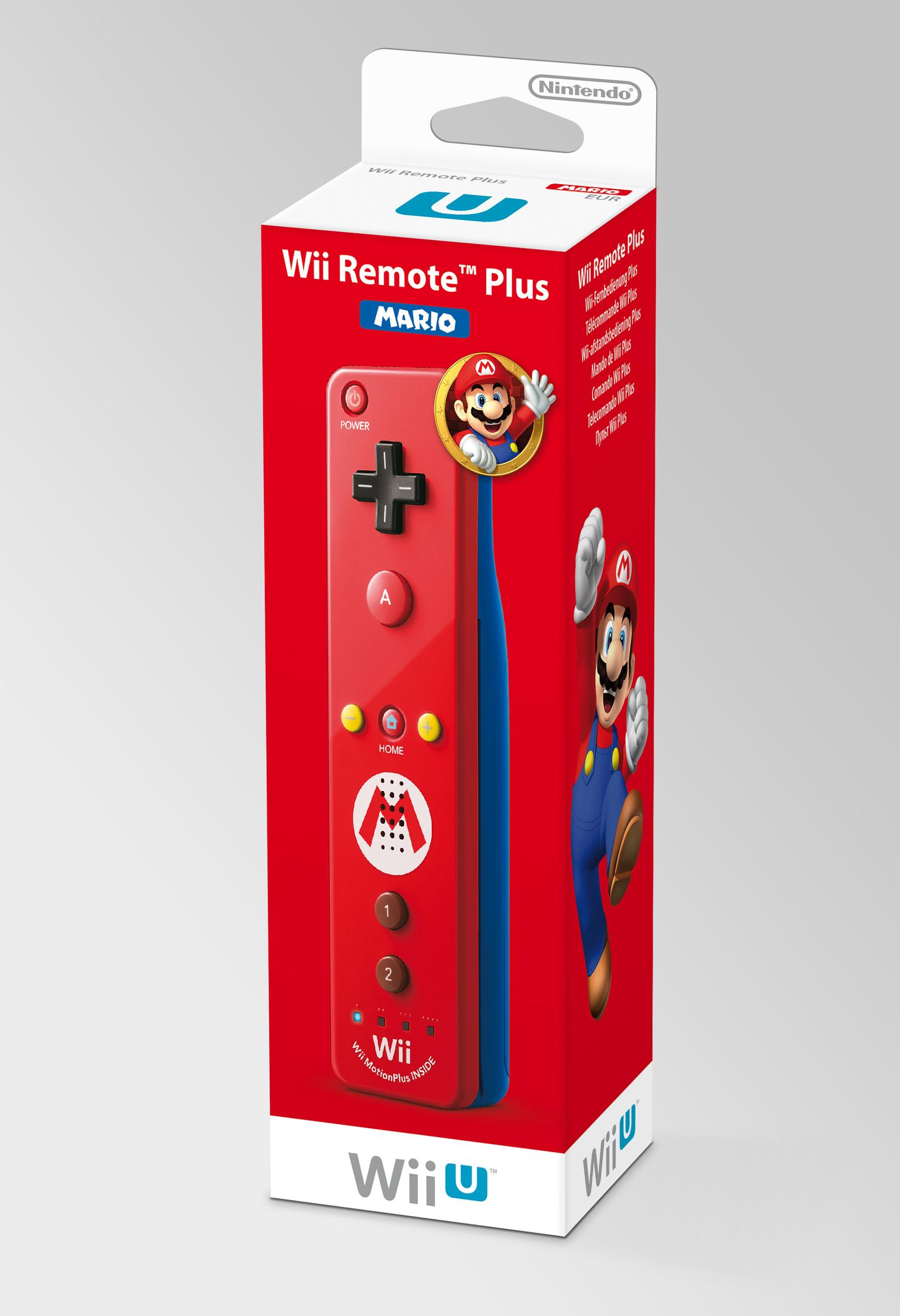 Eine rote Wii Remote Plus in ihrer Verpackung mit Mario auf der Box. Der Hintergrund ist ein Farbverlauf.
