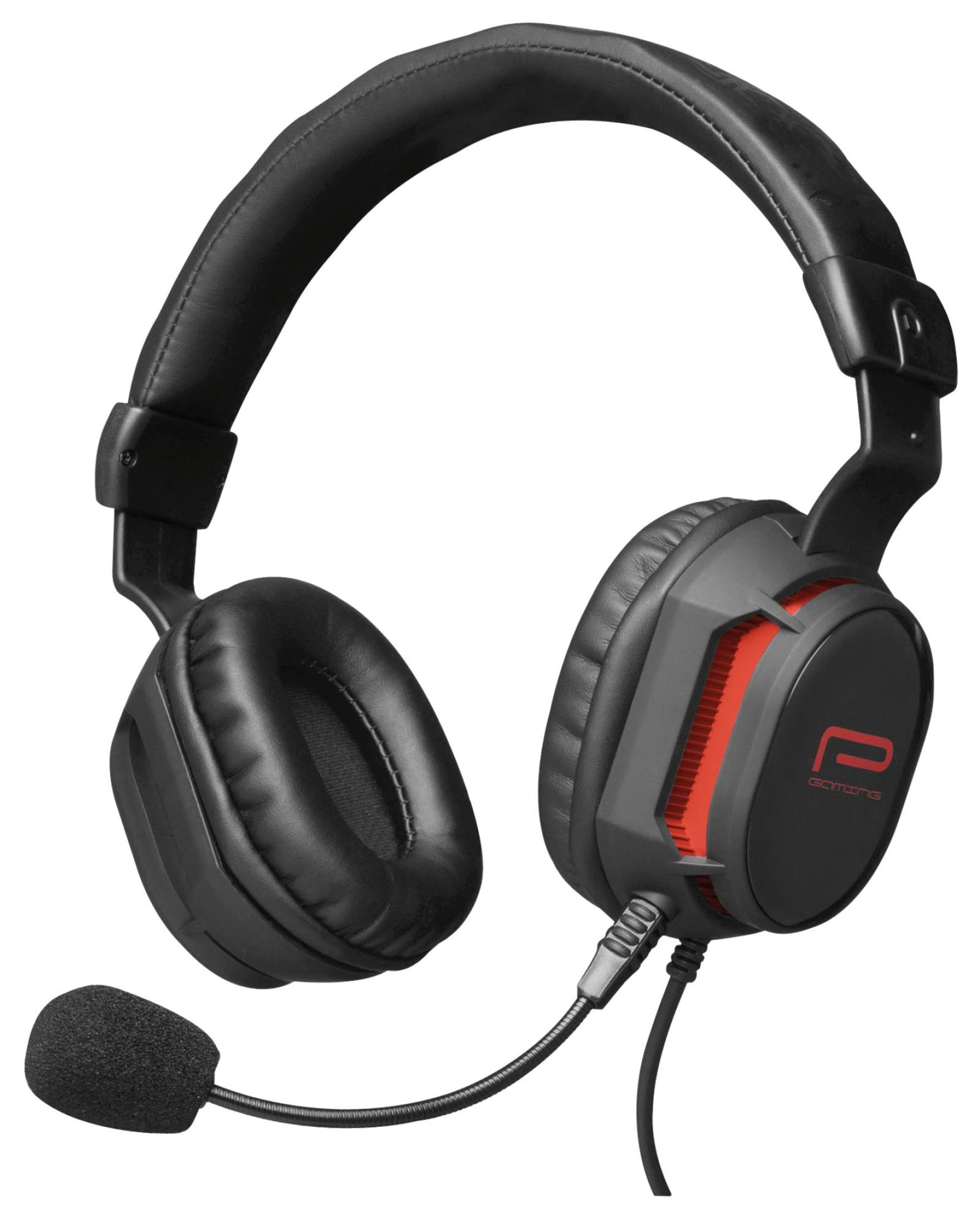 Cuffie da gioco nere con microfono su sfondo bianco.
