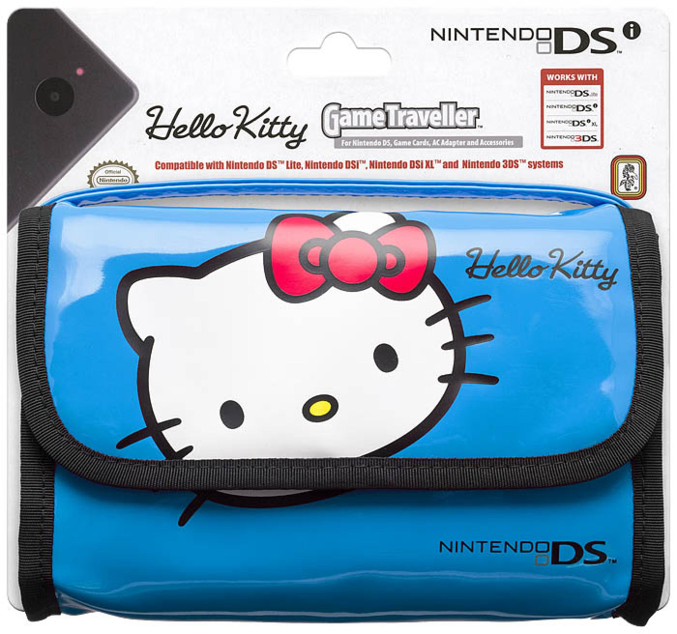 Custodia blu Hello Kitty Nintendo DS GameTraveller su sfondo bianco.