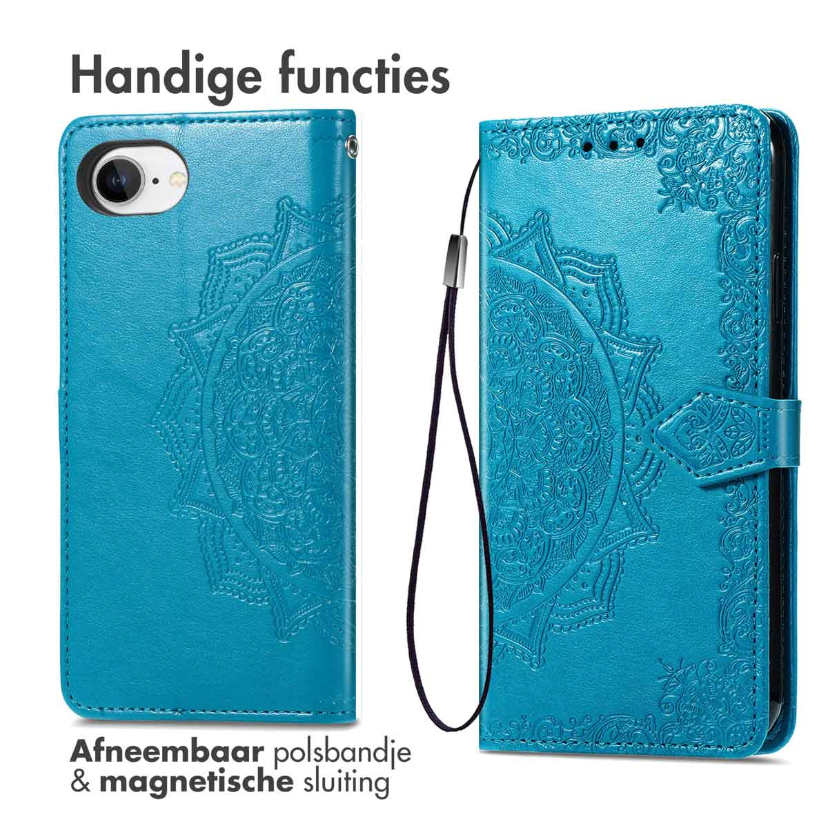Custodia per telefono blu con design mandala e cinturino da polso rimovibile. Bianco.