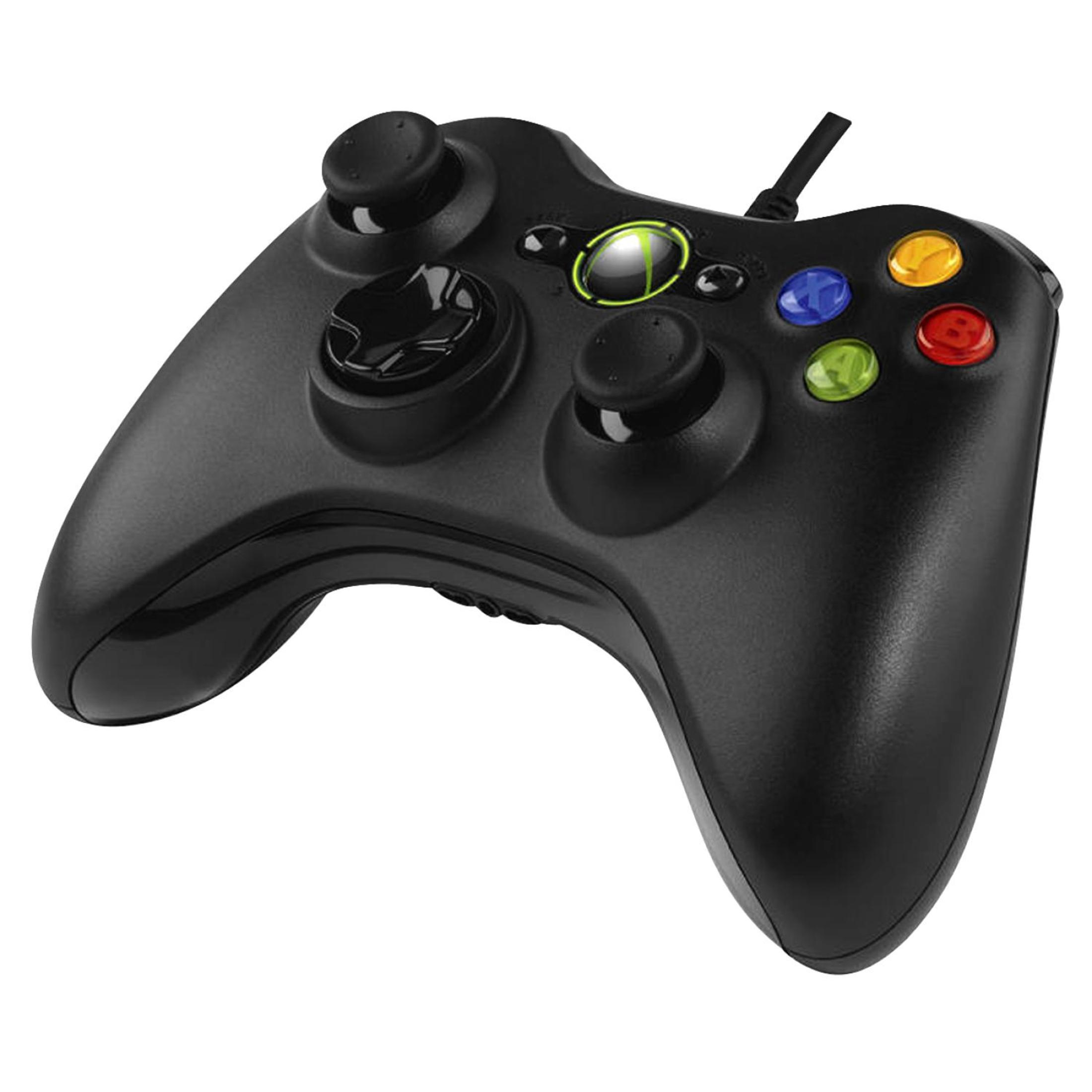 Schwarzer Xbox 360-Controller mit Tasten und Steuerkreuz.
