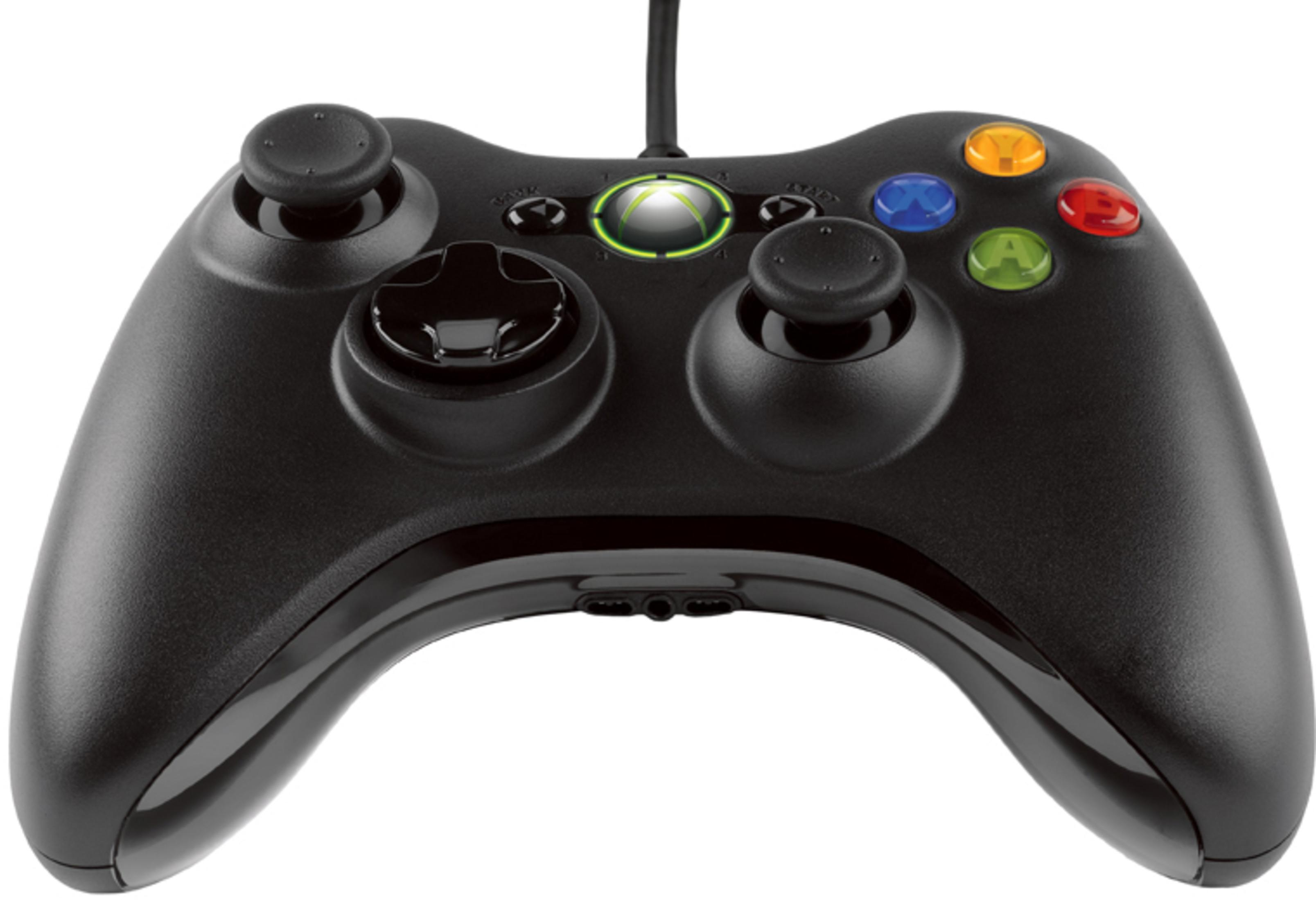 Ein schwarzer Xbox 360-Controller mit mehreren farbigen Tasten und einem zentral leuchtenden grünen Xbox-Logo.