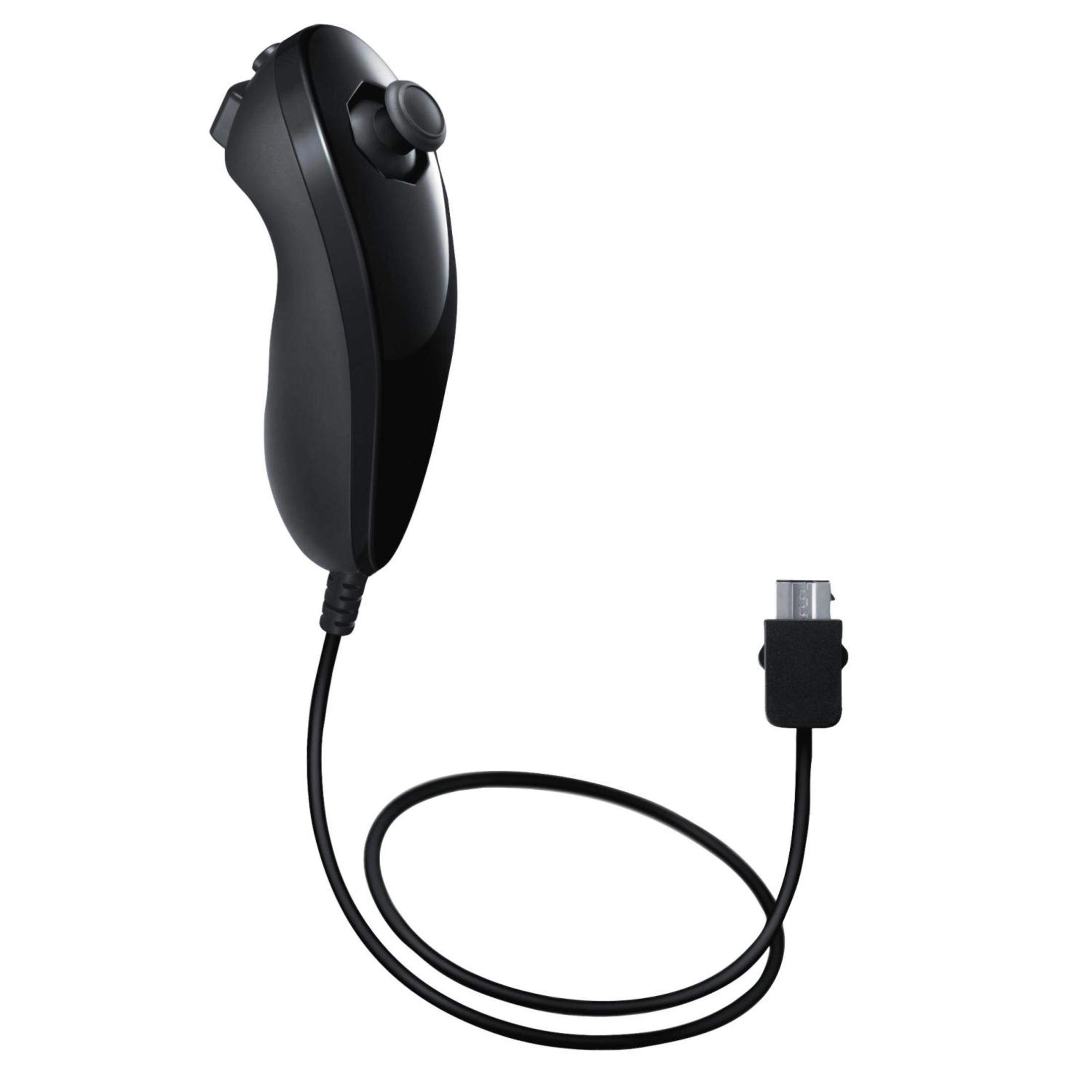 Schwarze Nintendo Wii Fernbedienung mit Kabel.