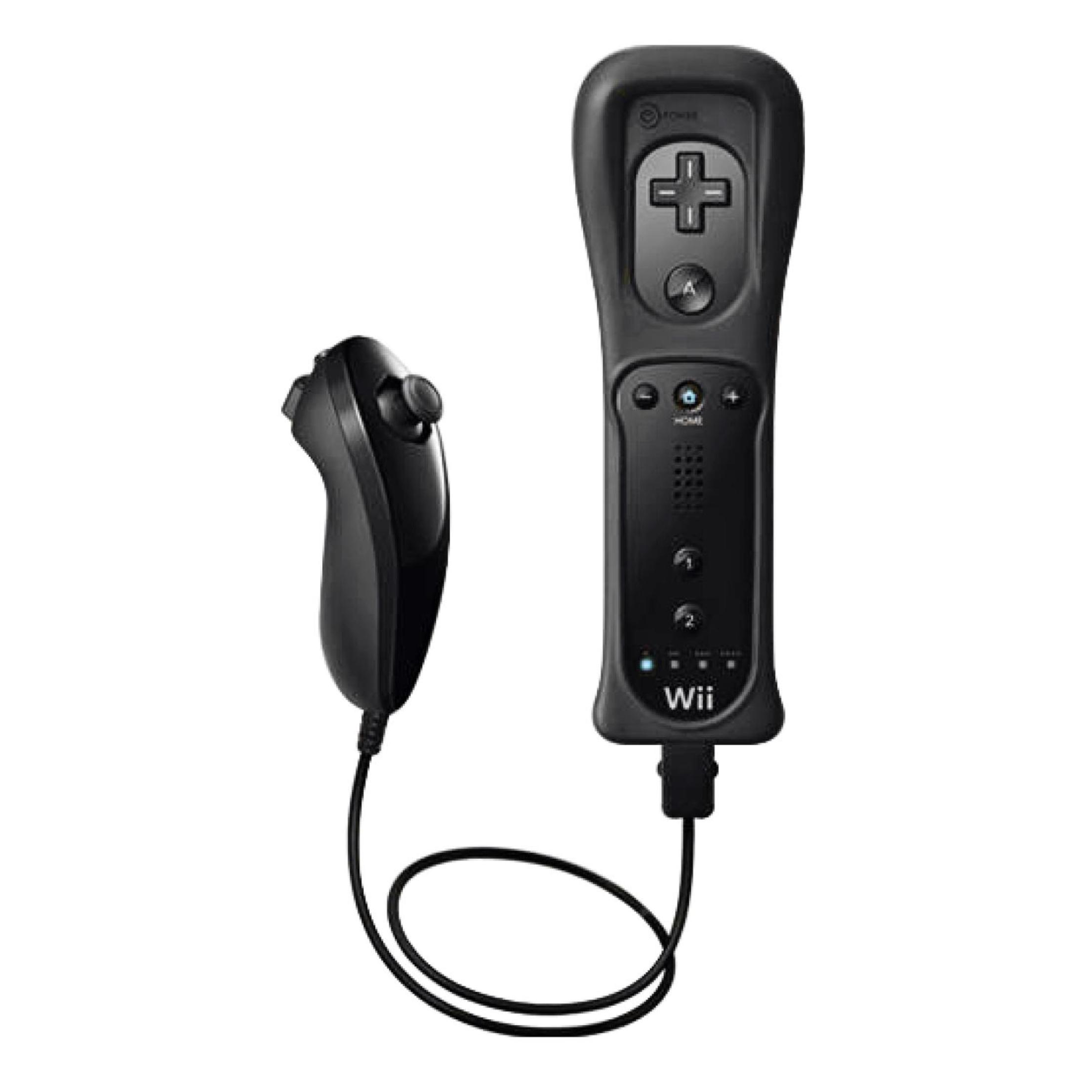 Zwei schwarze Nintendo Wii-Controller: eine Fernbedienung mit Knöpfen und ein Nunchuk mit Kabel.