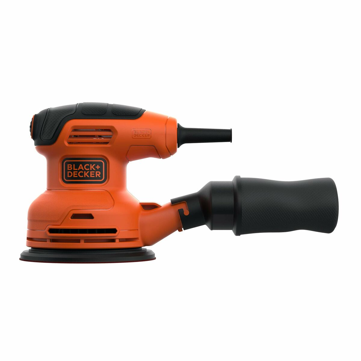 Oranger und schwarzer Black+Decker-Schleifer mit schwarzem Staubabsauganschluss.