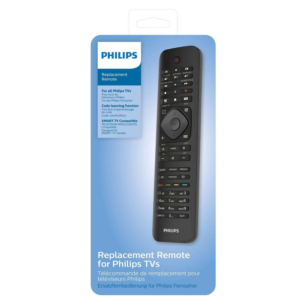 Philips Ersatzfernbedienung in Verpackung, mit Tasten und schwarzem Gehäuse. Für Philips TVs.