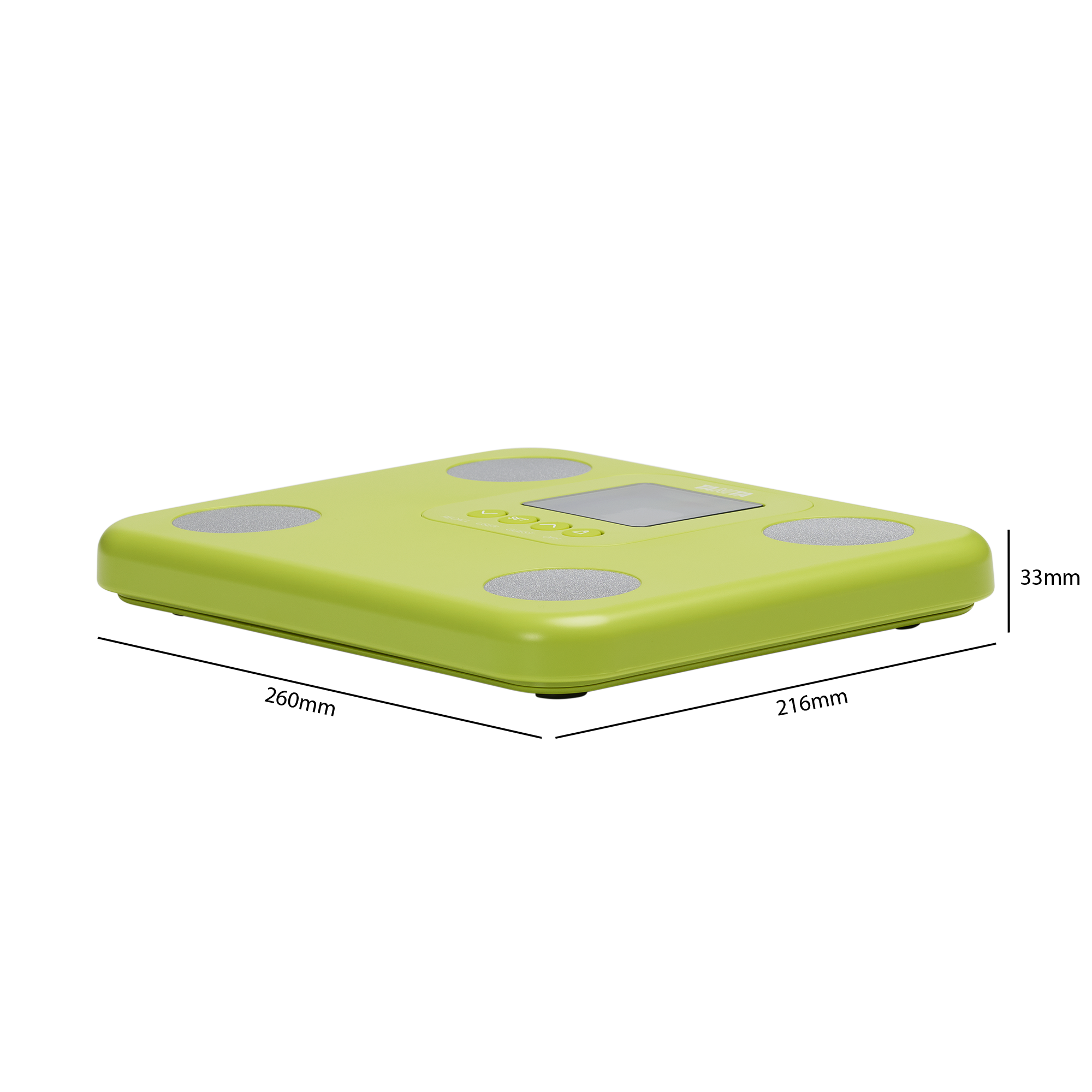 Een limoengroene digitale weegschaal. Hij heeft zilverkleurige pads en een beeldscherm. De achtergrond is zwart.