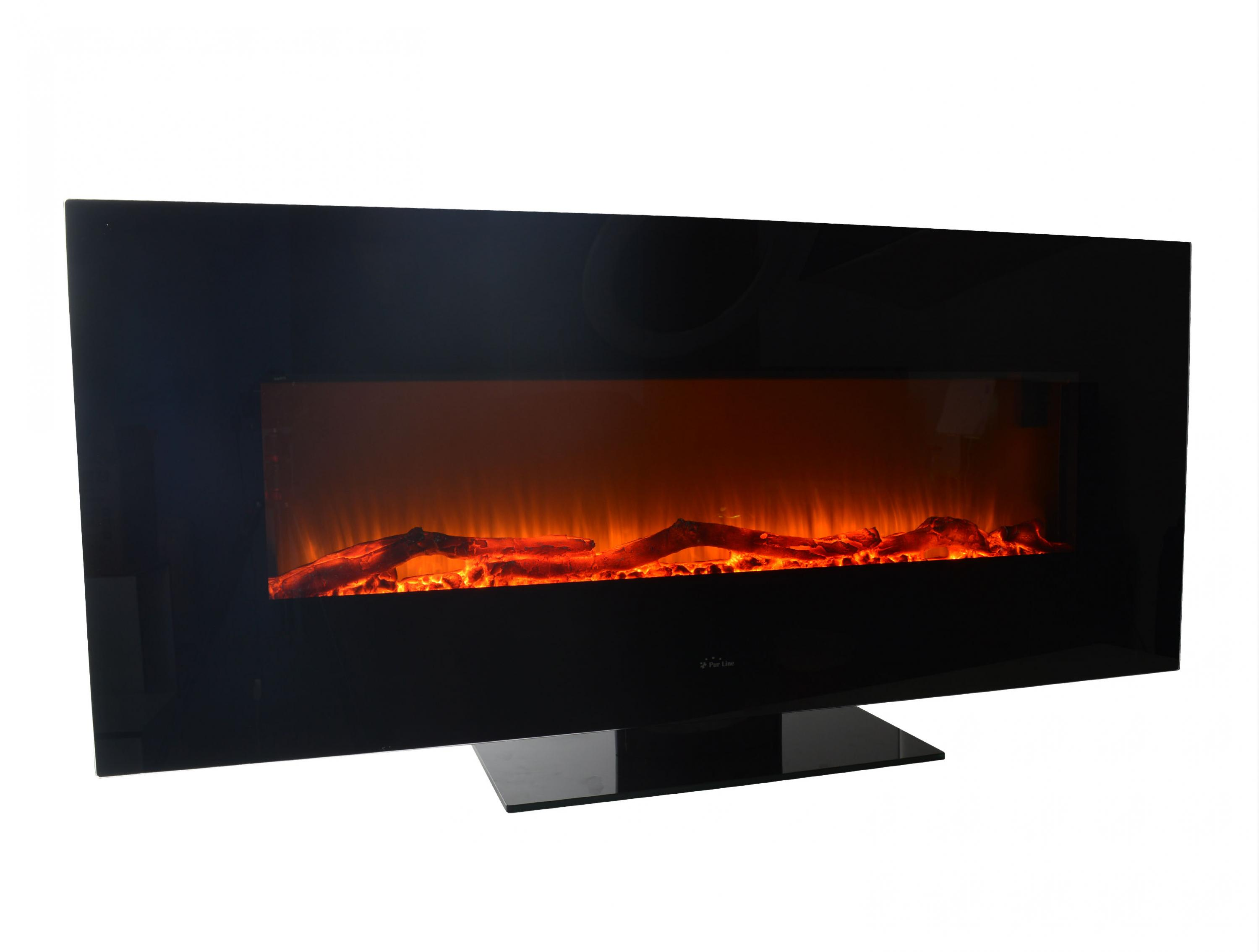 Chimenea eléctrica negra con efecto de llama naranja realista, montada en una pared blanca.