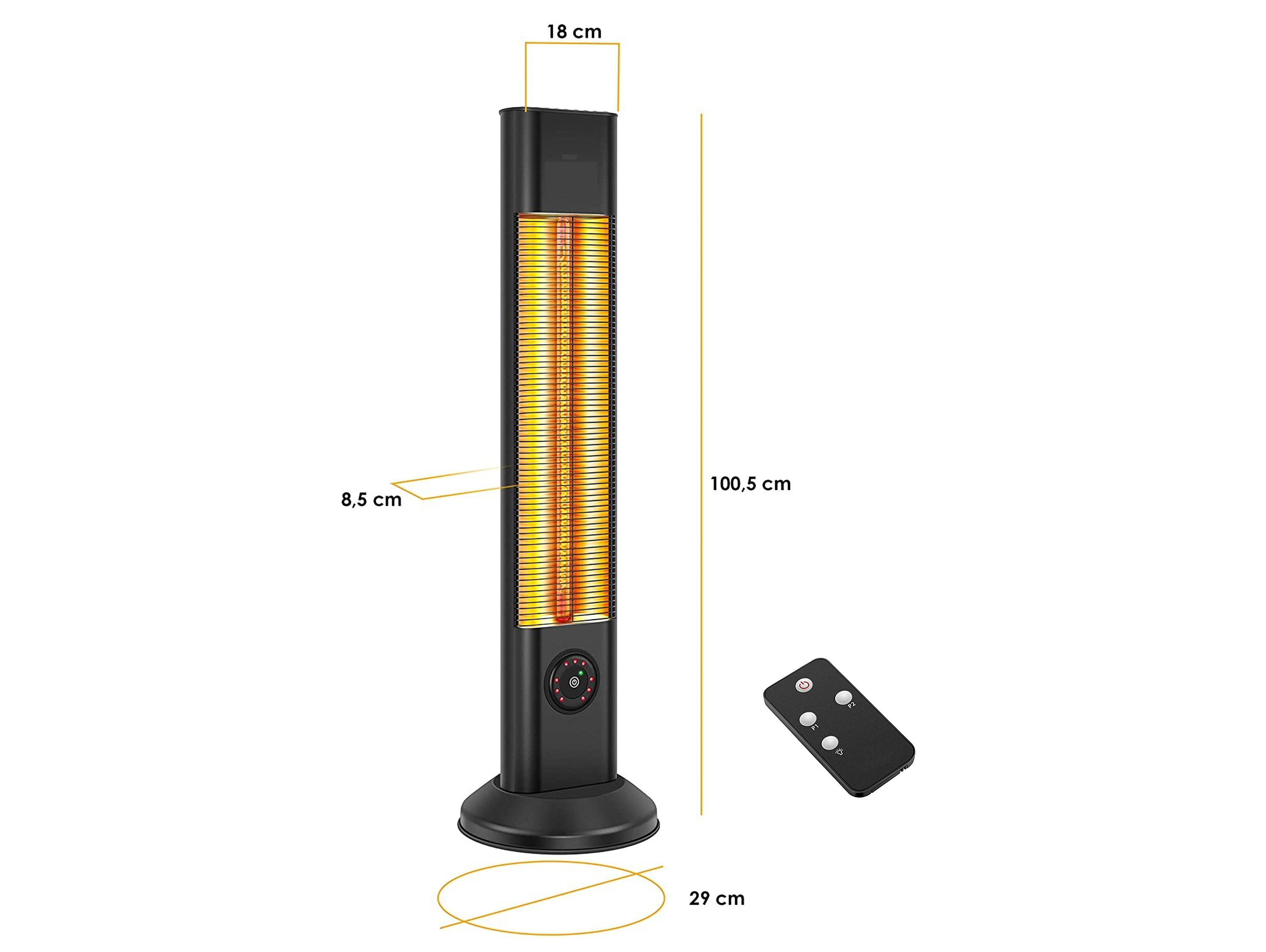 Calentador eléctrico negro. Diseño vertical con medidas. Mando a distancia a la derecha.
