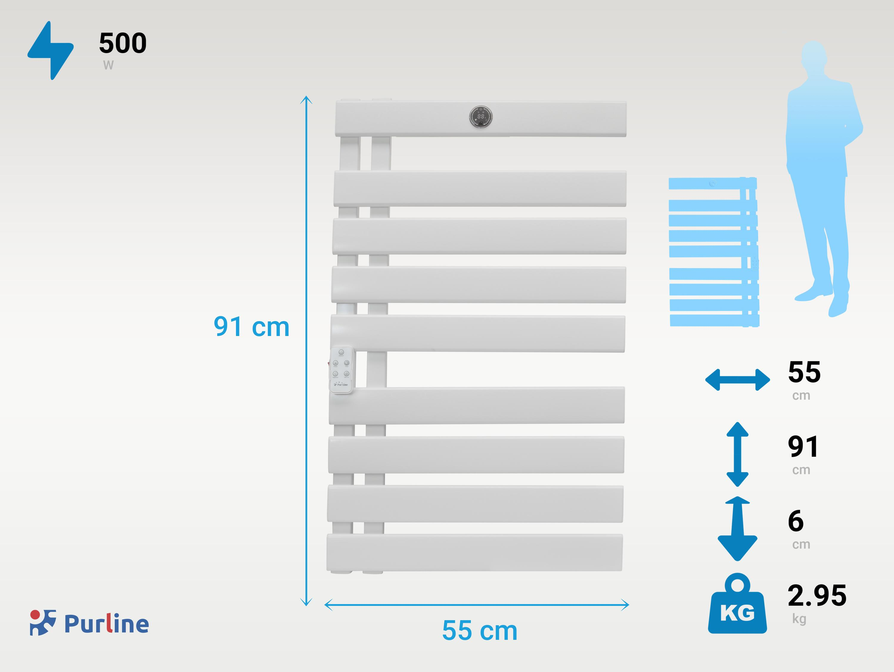 Un toallero calefactado blanco y rectangular con dimensiones y detalles de consumo.