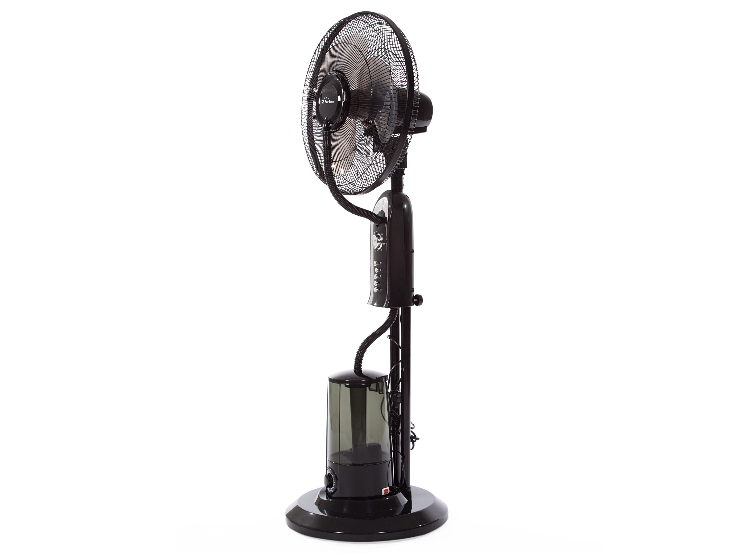 Schwarzer Standventilator mit Vernebelungsfunktion, auf weißem Hintergrund.