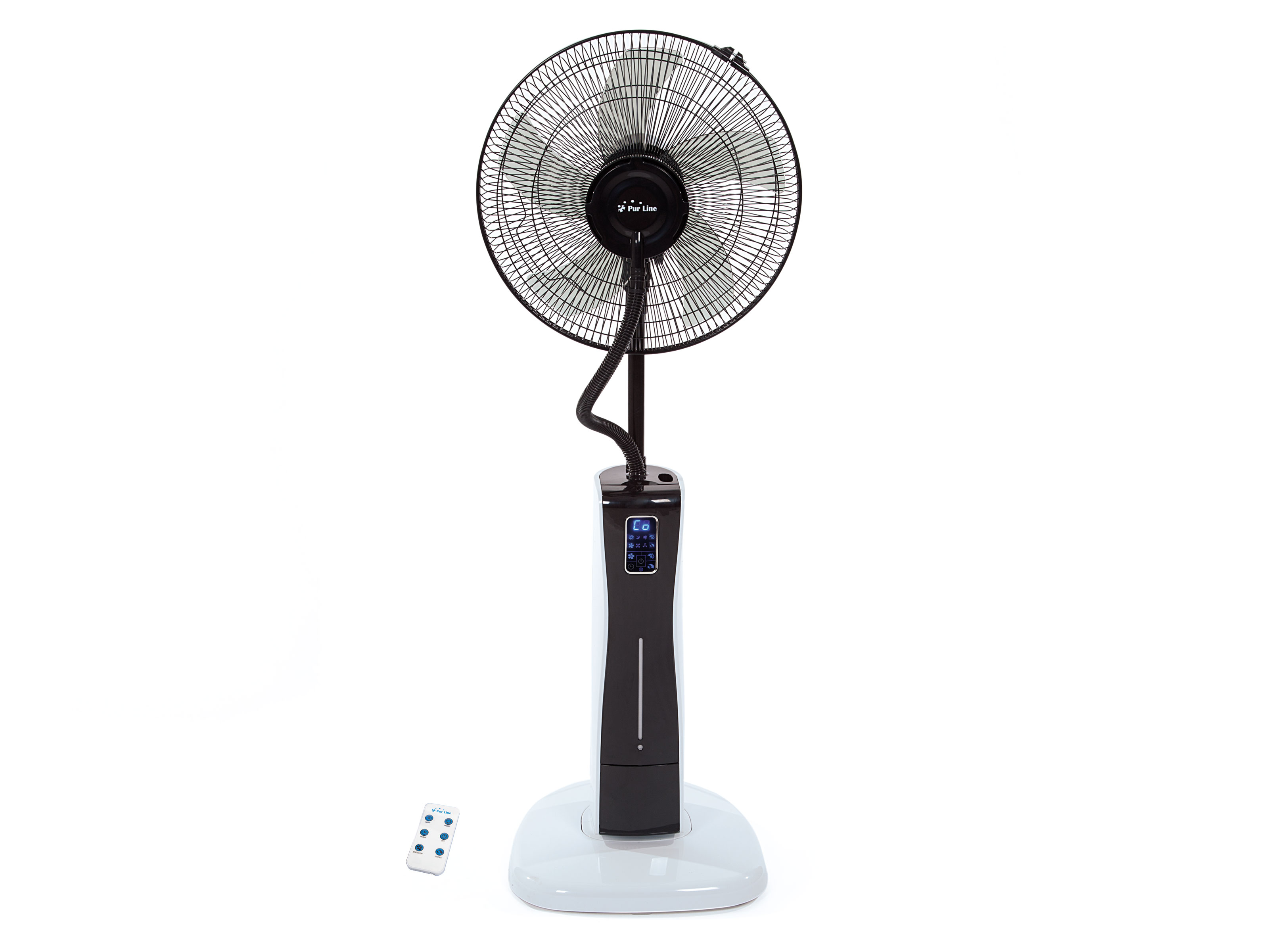 Ventilador de nebulización blanco y negro con mando a distancia. Texto: Air Line.