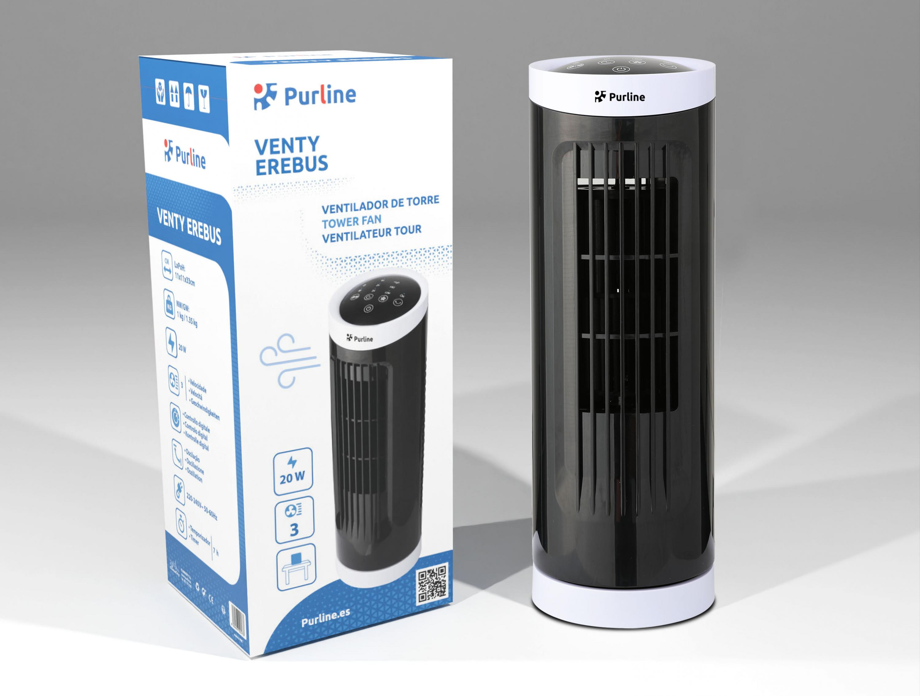 Ventilador de torre con caja. El ventilador es blanco y negro. Caja con imagen y marca 'Purline'.