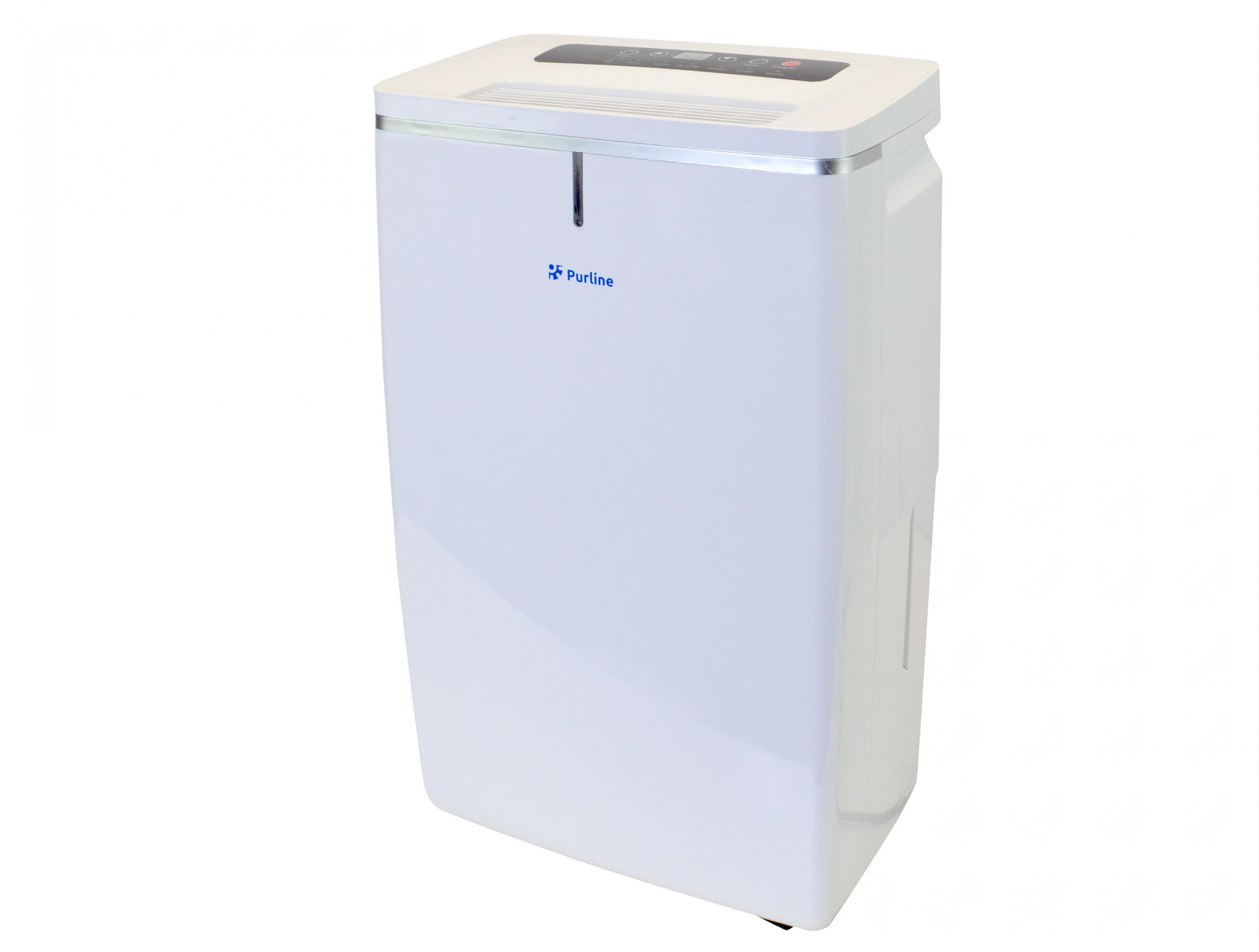 Deumidificatore bianco. Forma rettangolare con pannello di controllo e logo blu.