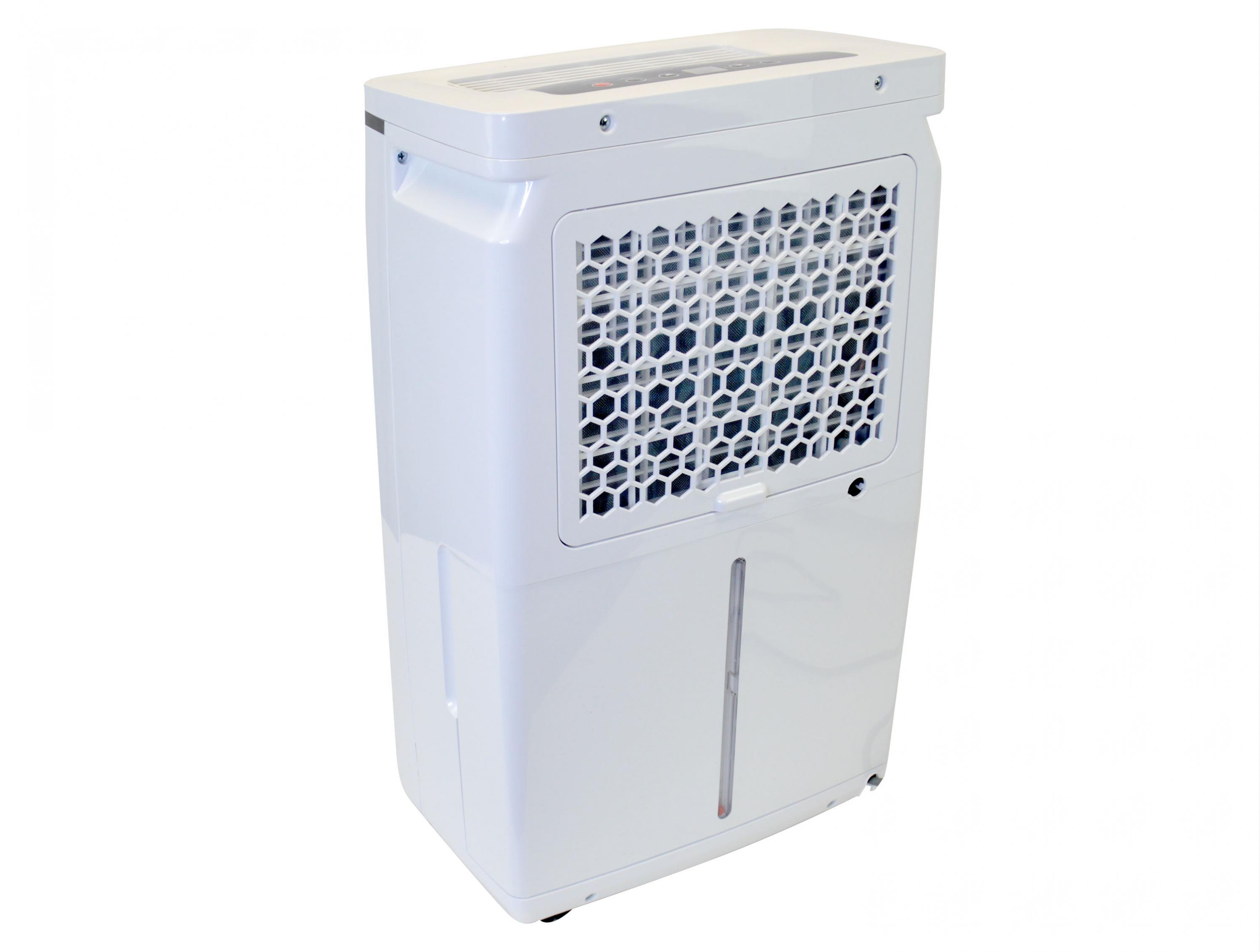 Deumidificatore bianco con griglia e indicatore del livello dell'acqua, sfondo bianco.