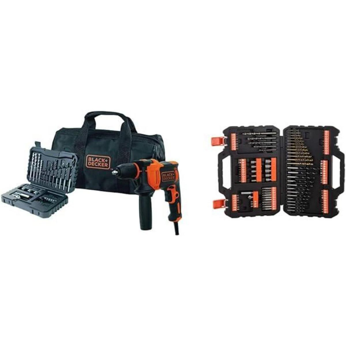 Taladro negro y naranja con accesorios en una bolsa y estuches, sobre un fondo blanco.