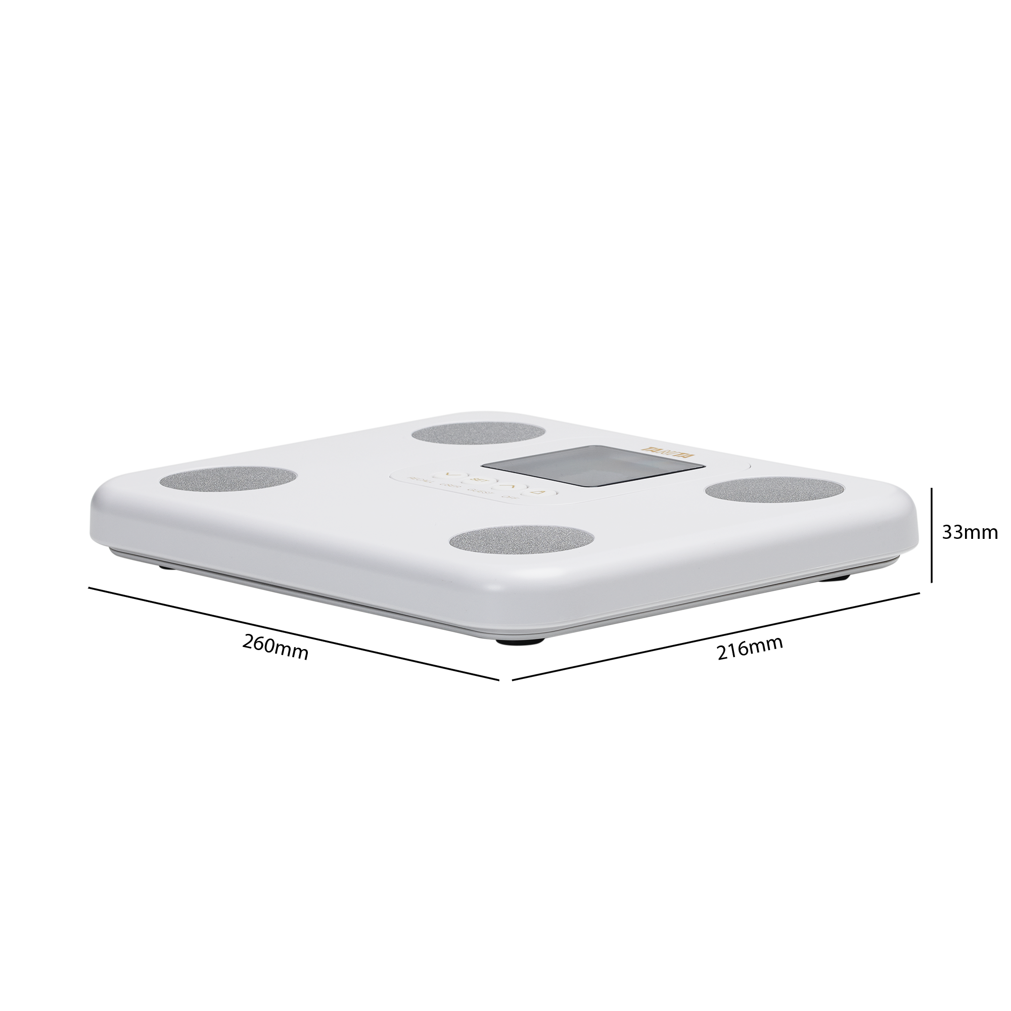 Een witte digitale weegschaal met vier grijze pads op een zwarte achtergrond.