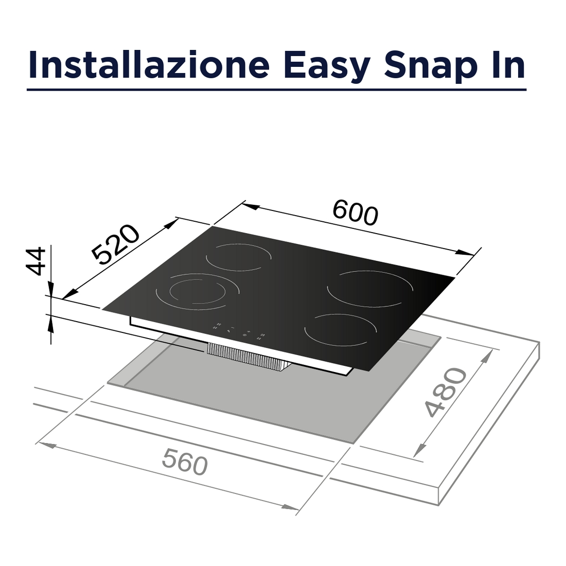 Czarna płyta grzejna z czterema palnikami i wymiarami. Tekst: "Installazione Easy Snap In" po włosku.