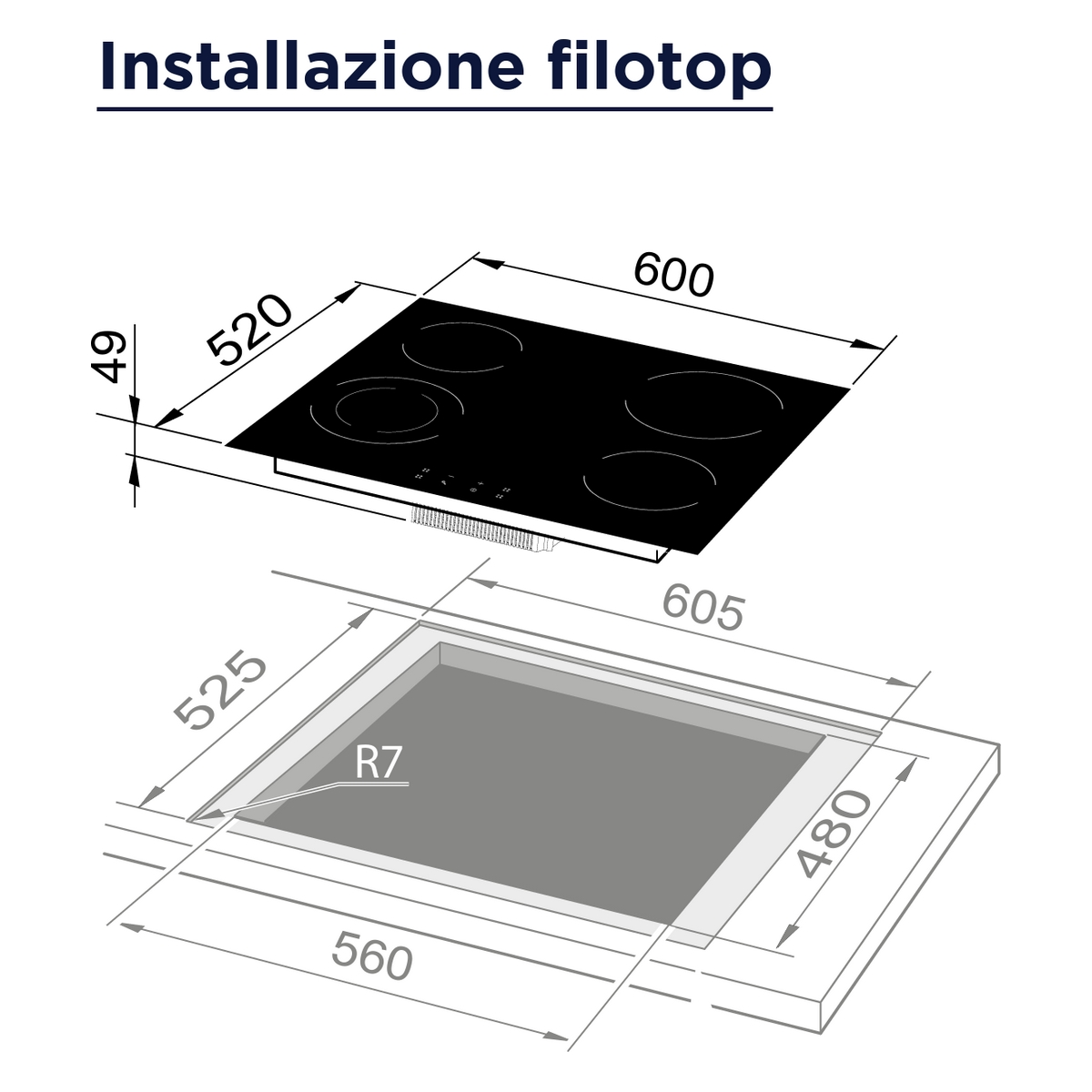 Schemat płyty grzewczej i jej instalacji, z wymiarami i obrysem wycięcia.