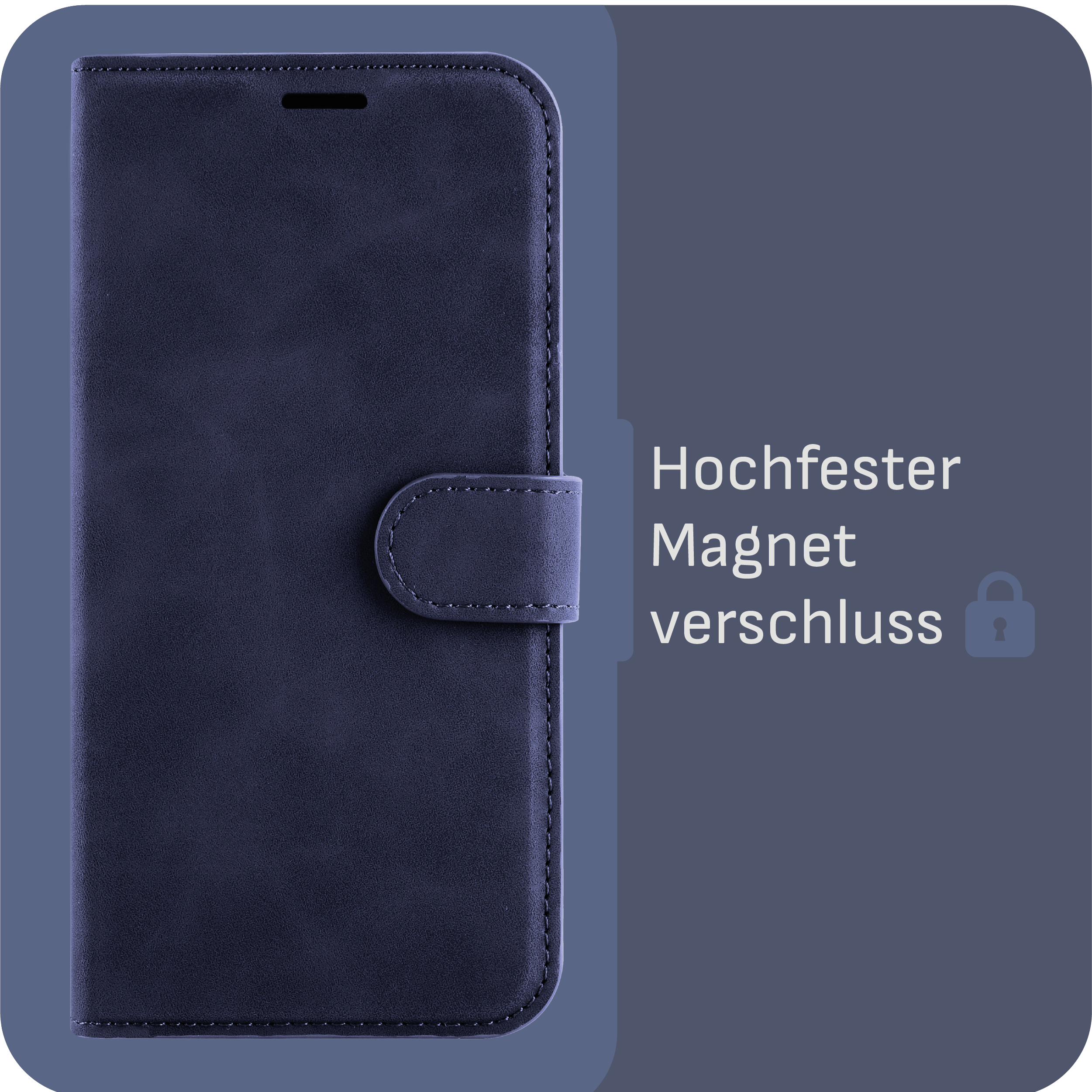 Eine blaue Handyhülle mit dem Text 'Hochfester Magnetverschluss'. Ein Knopf ist sichtbar.