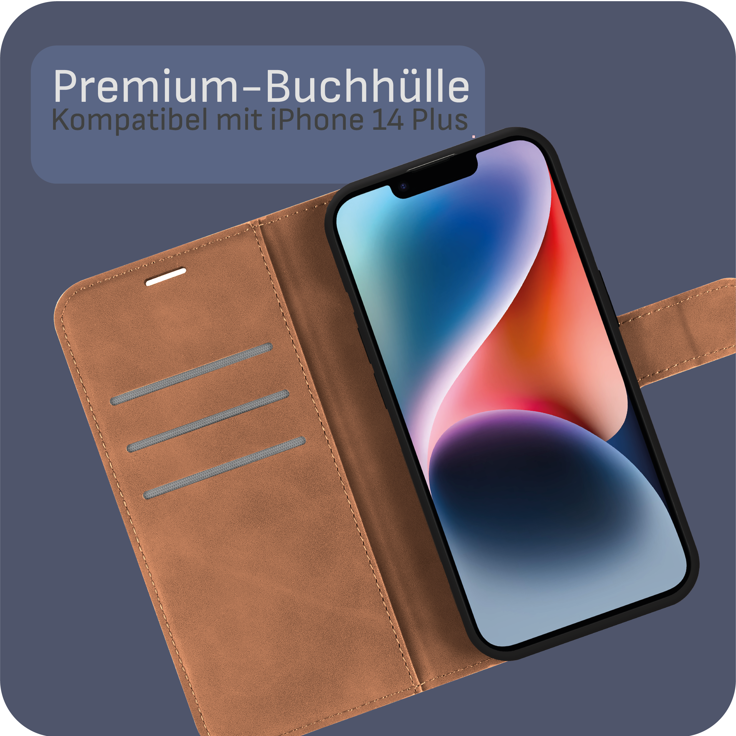 Geöffnete braune Leder-Handyhülle, mit Telefon darin. Das Telefon zeigt einen bunten Hintergrund.