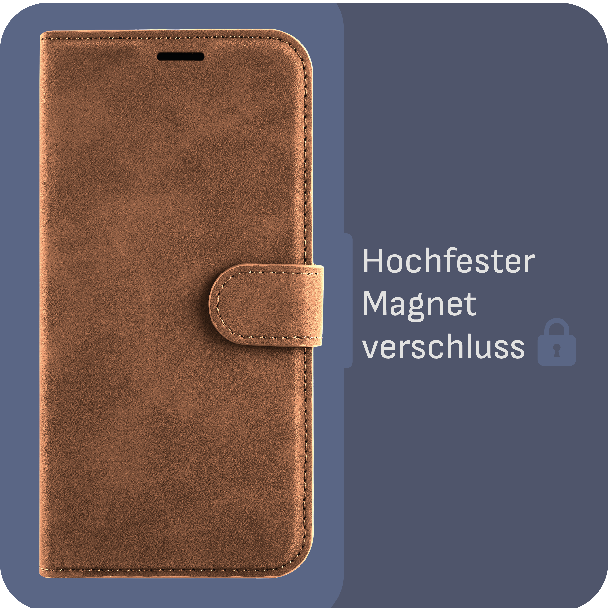 Braune Handyhülle mit Magnetverschluss. Geschlossene Hülle, Text neben dem Verschluss.