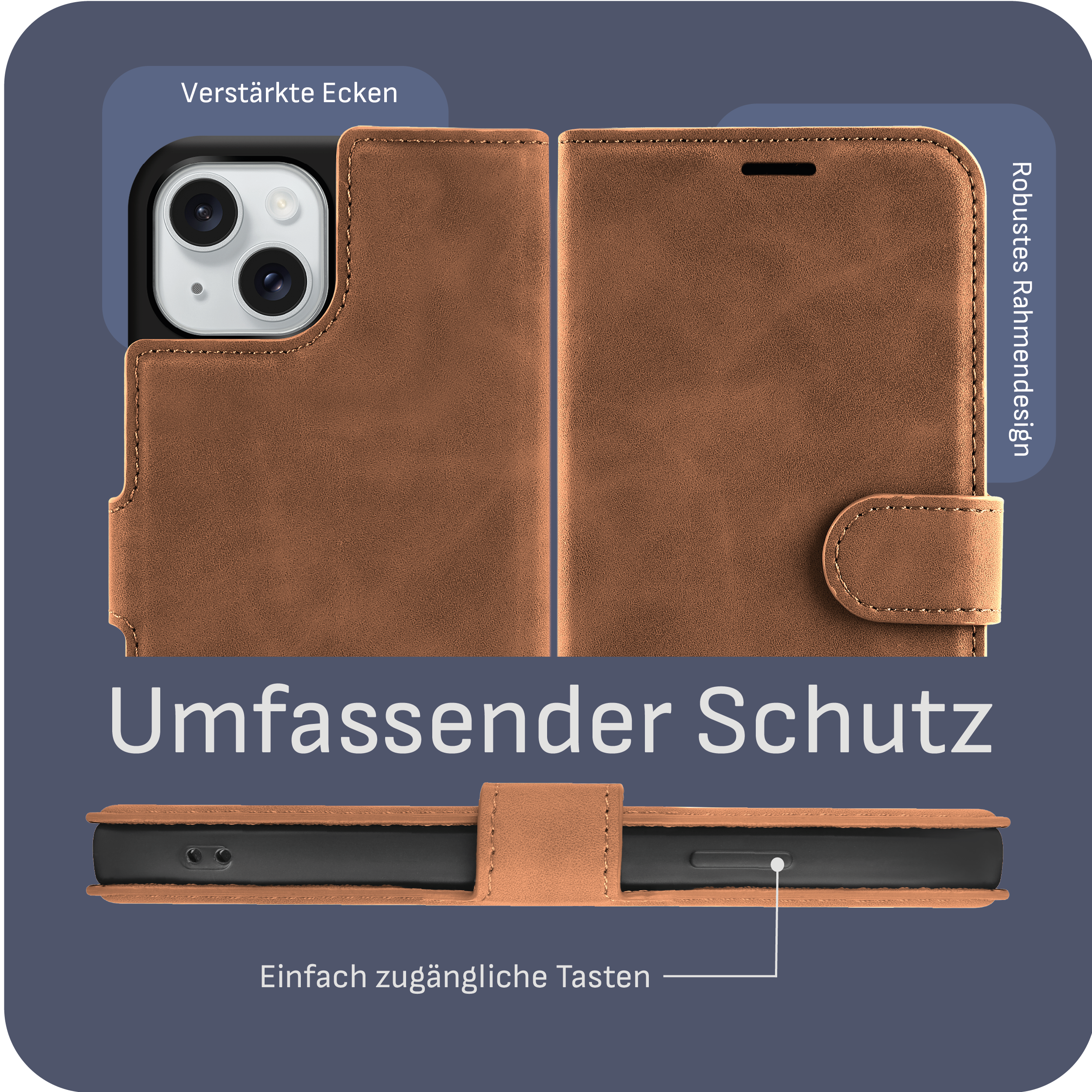 Braune Handyhülle mit Telefon darin, Nahaufnahme, mit den Worten darauf.