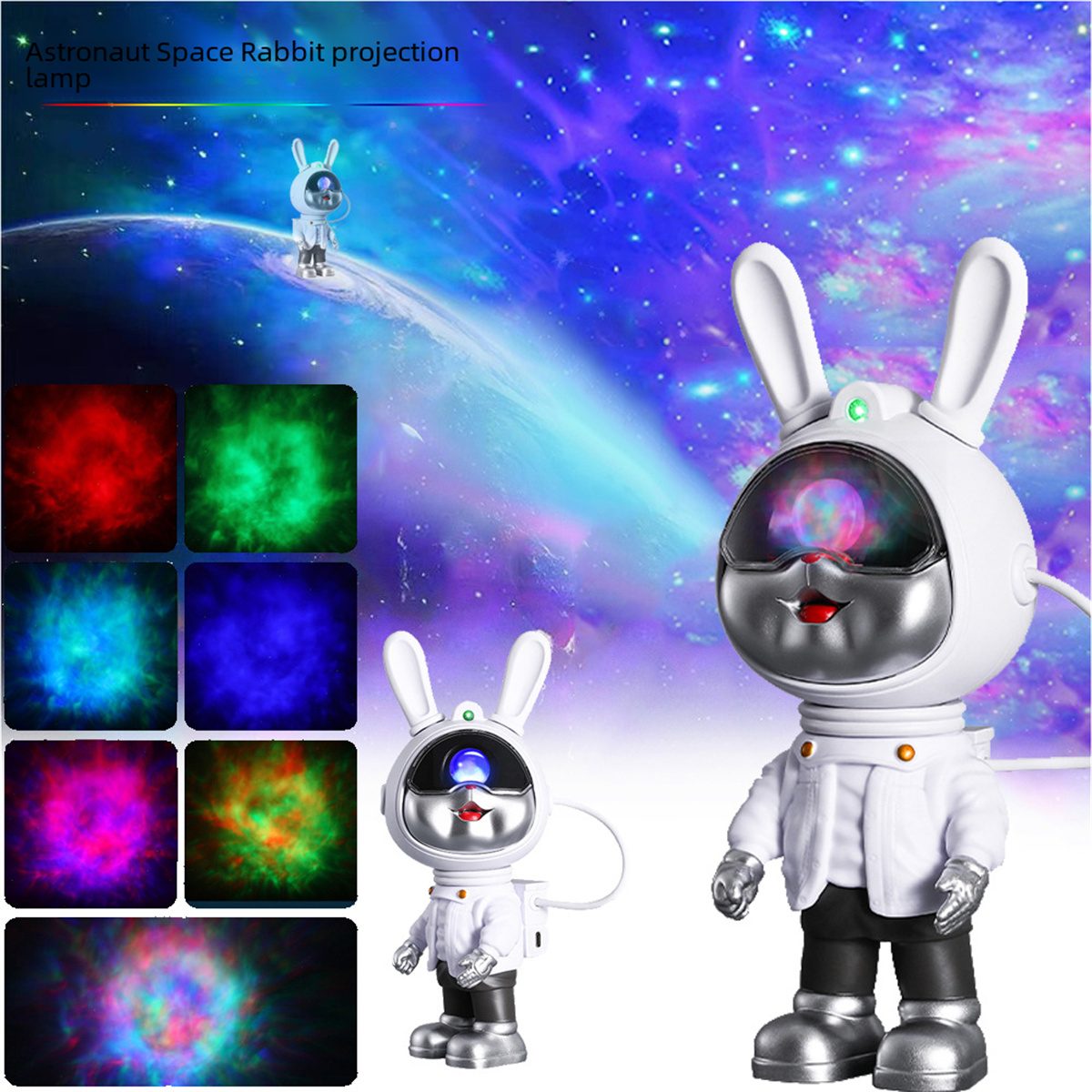 Astronaut-Kaninchen-Projektionslampe mit farbenfroher Weltraum-Szenenprojektion und zusätzlichen farbigen Lichtoptionen.