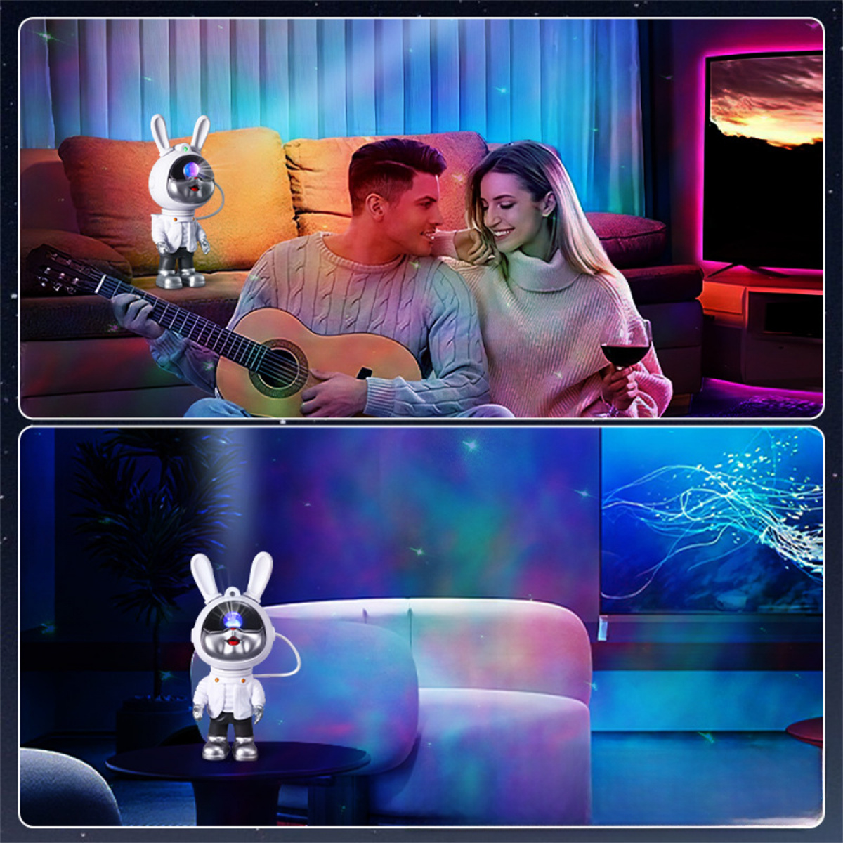 Das Bild zeigt ein Paar mit Gitarre und ein zweites Bild mit einem Projektor in Hasenform.