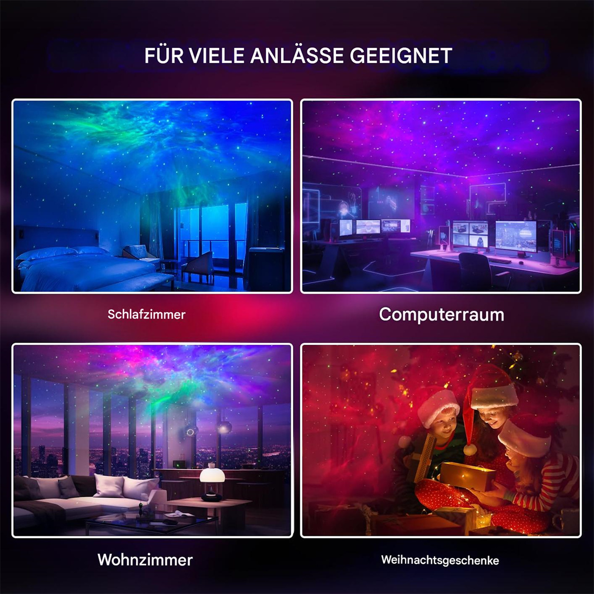 Bilder von Räumen mit farbenfrohen projizierten Stern- und Galaxienlichtmustern.