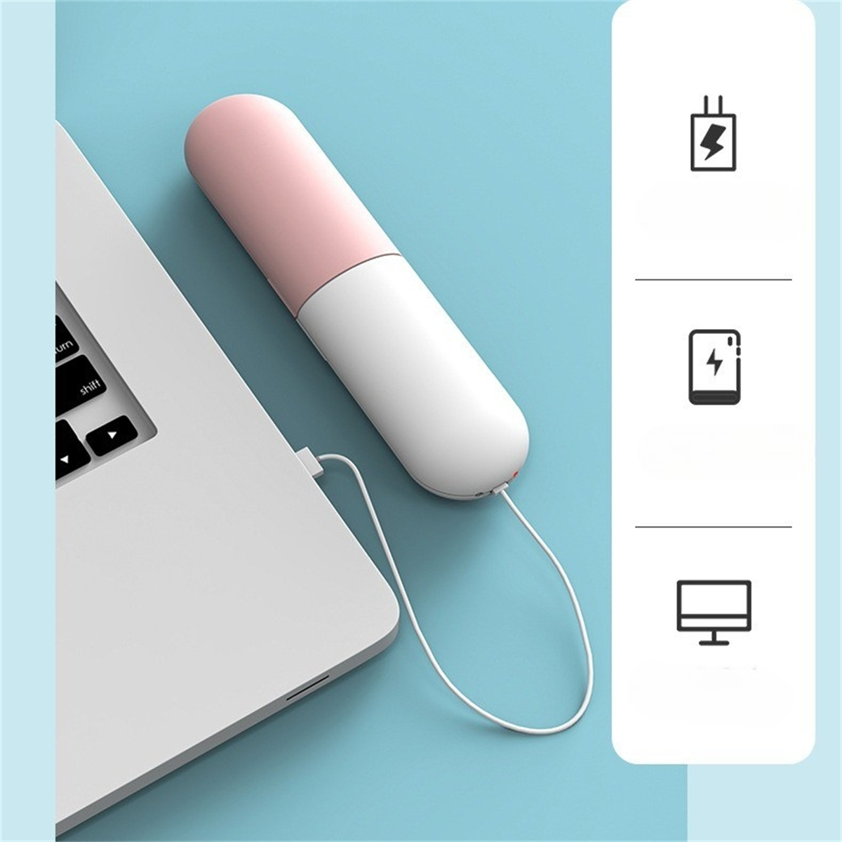Weißes und rosa tragbares Ladegerät, das an einen Laptop angeschlossen ist, mit Ladesymbolen auf weißem Hintergrund.