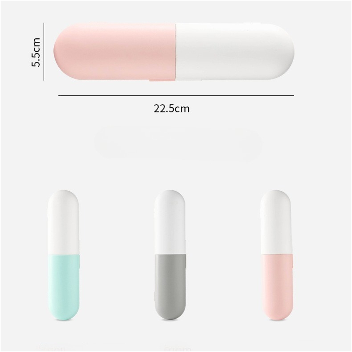 Eine weiß-rosa pillenförmige Hülle mit Maßangaben und drei weiteren Hüllen in verschiedenen Farben.