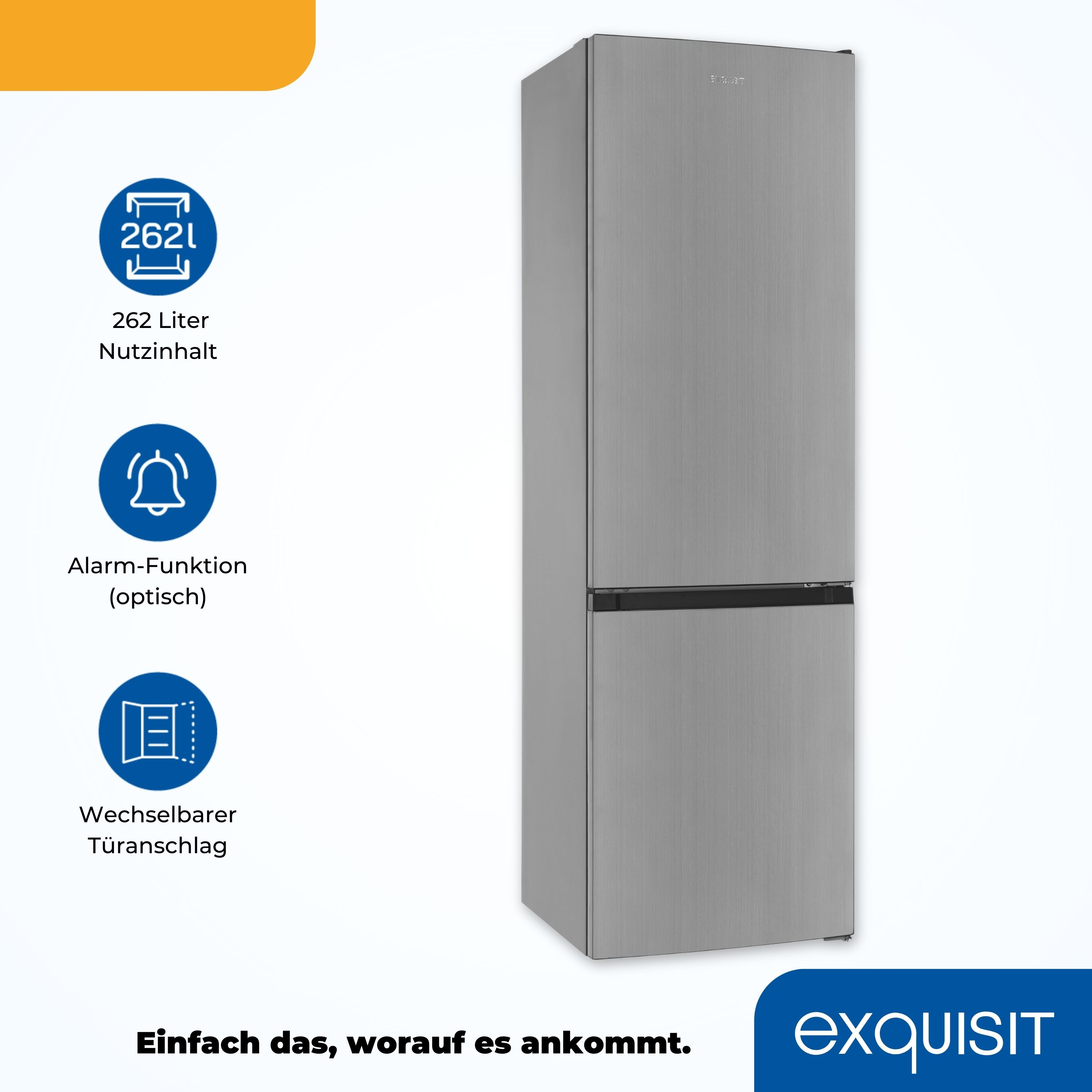 Un refrigerador plateado con tres iconos informativos y texto. La marca Exquisit está presente.