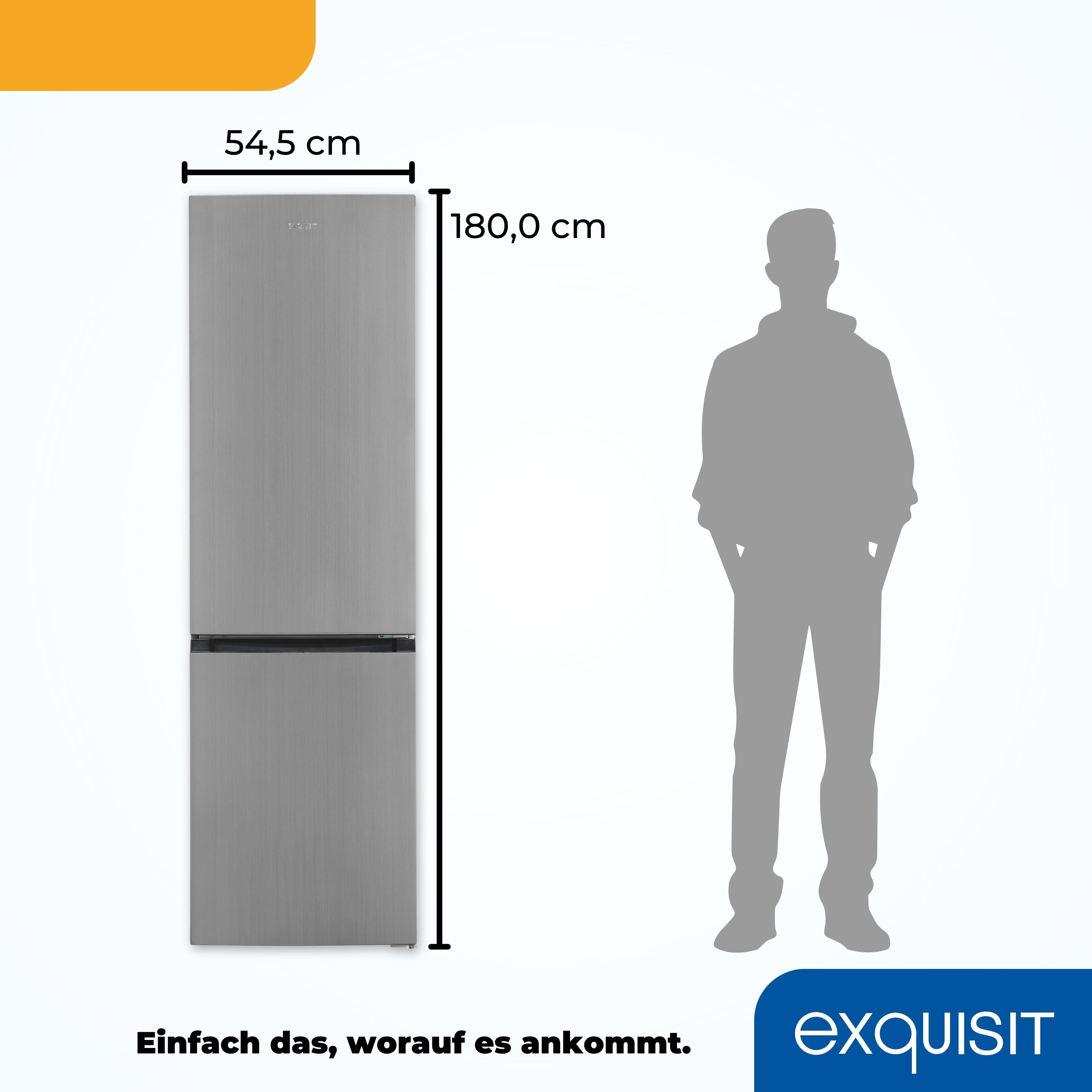 Un refrigerador plateado con dimensiones y una silueta sobre un fondo azul.