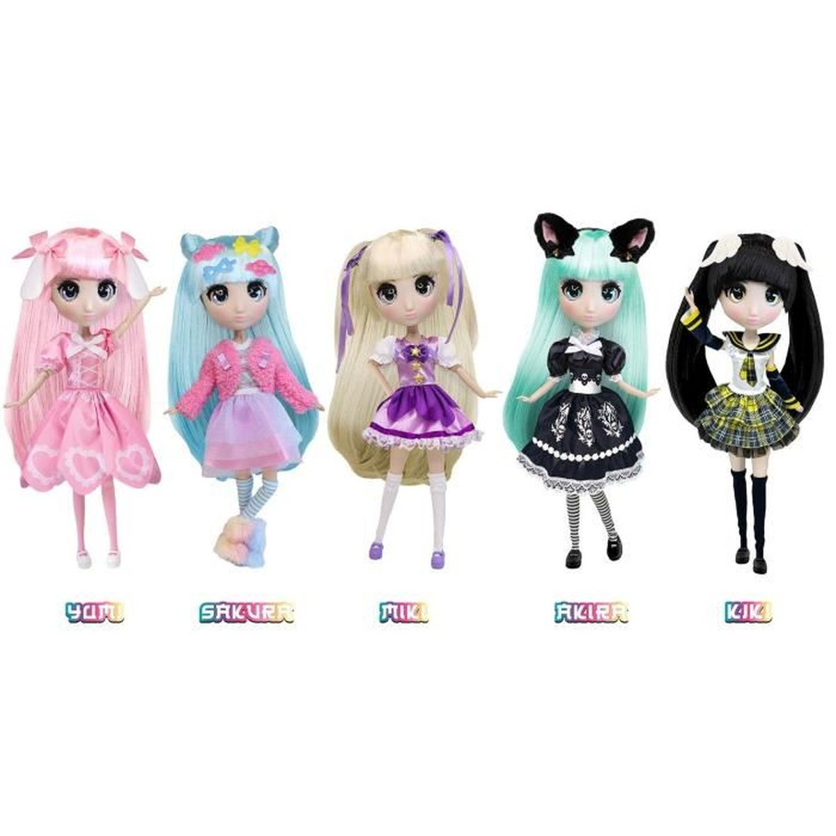 Fünf Puppen mit unterschiedlichen Frisuren, Outfits und Namen: Yuri, Sakura, Miki, Akari und Kiki.