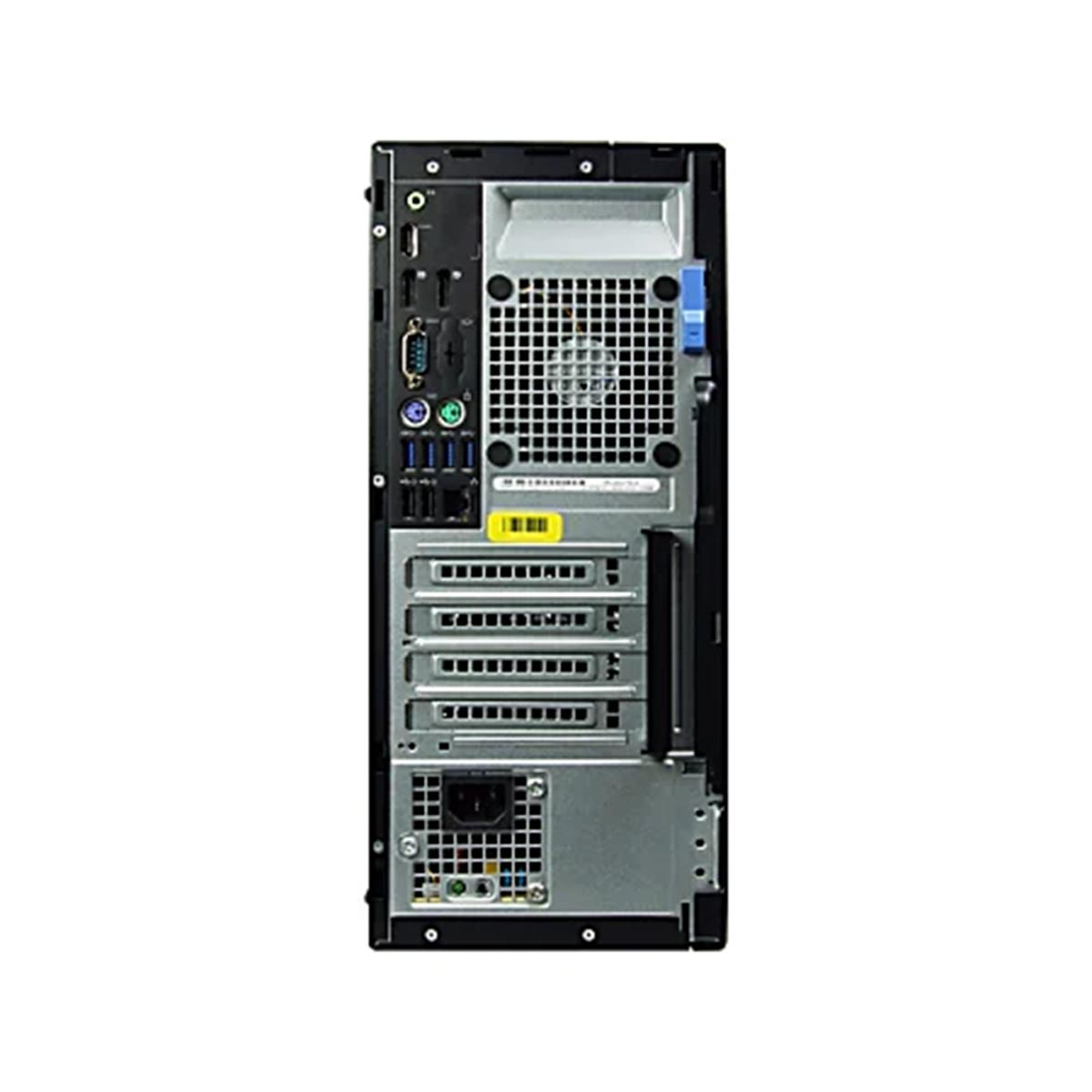 Widok z tyłu wieży komputera z różnymi portami i kratką chłodzenia.