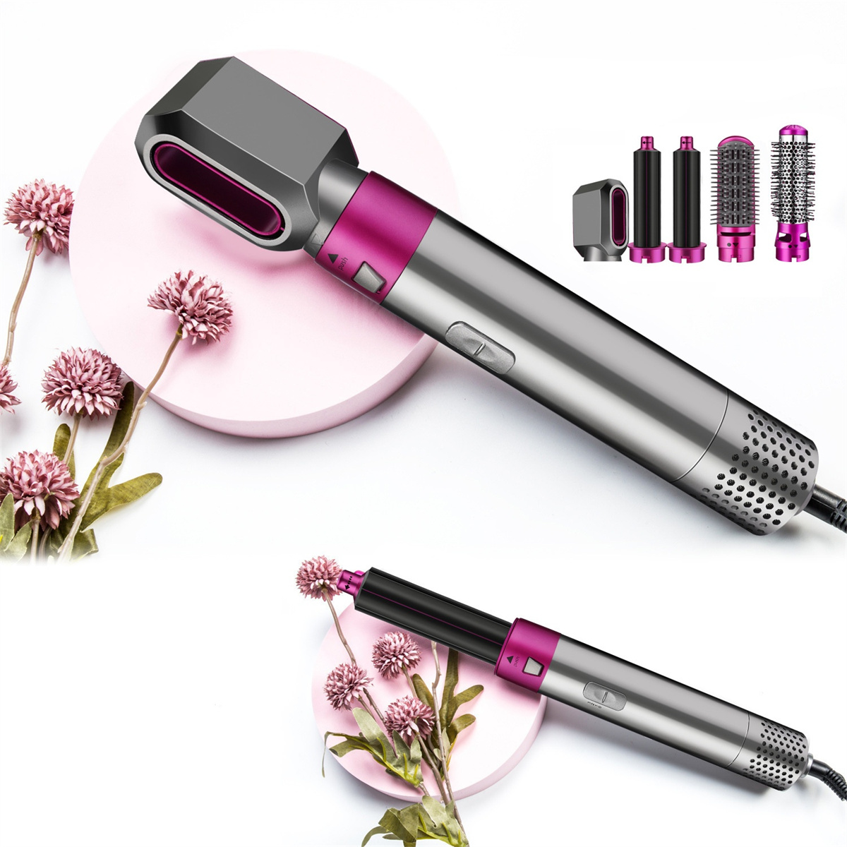 Haarstyling-Werkzeug mit mehreren Aufsätzen, präsentiert mit rosa kreisförmigen Plattformen und Blumen.