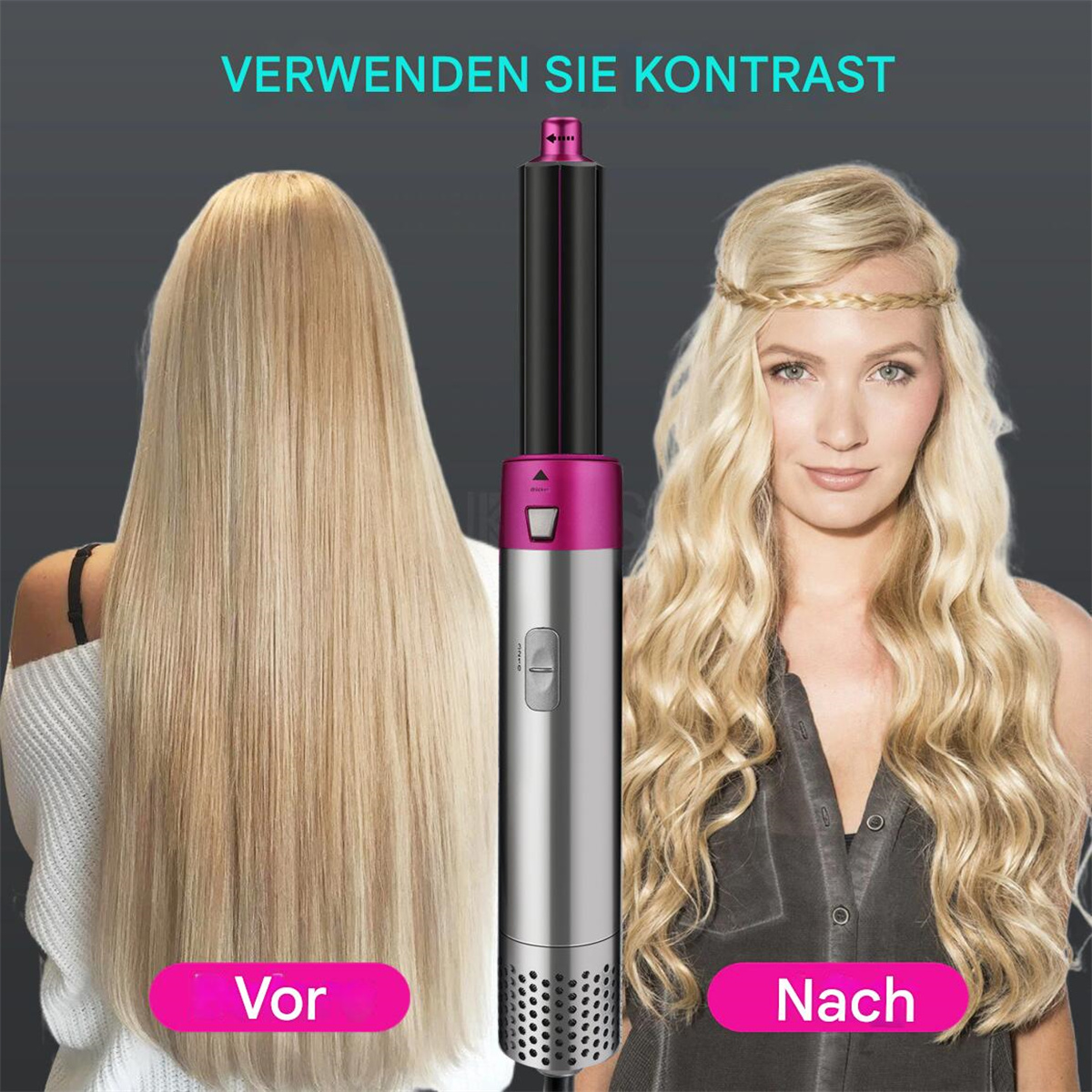 Eine Frau mit langen, glatten Haaren und eine Frau mit gelocktem Haar, neben einem Haarstyling-Tool.