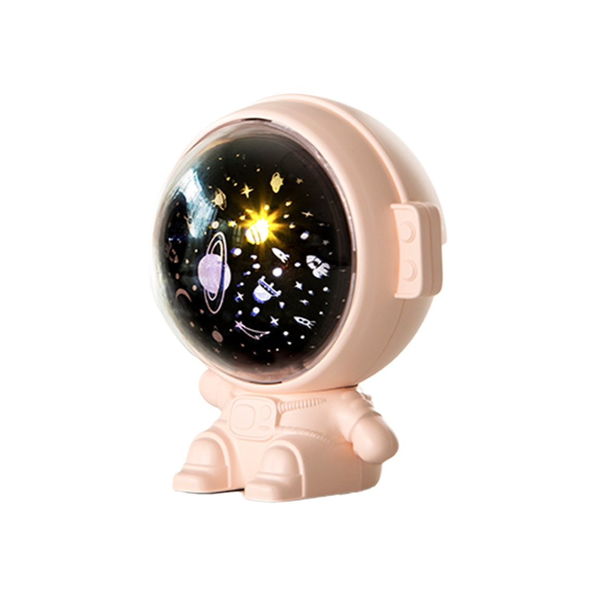 Rosa Astronautenlampe mit Sternenblick und Details auf dem Kopf.