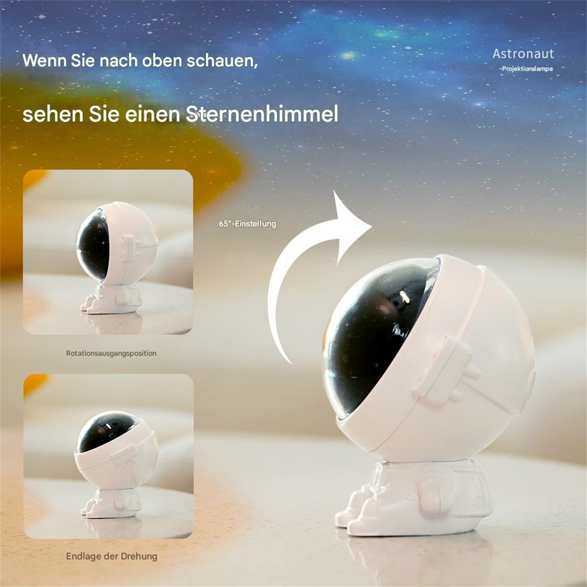 Weiße Astronautenlampe mit zwei Posen und Sternenhimmel-Illustration.