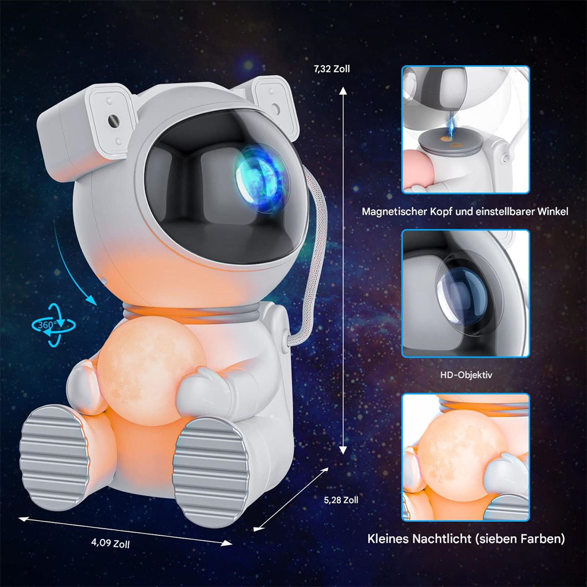 Weißes Astronaut-Nachtlicht mit Details.