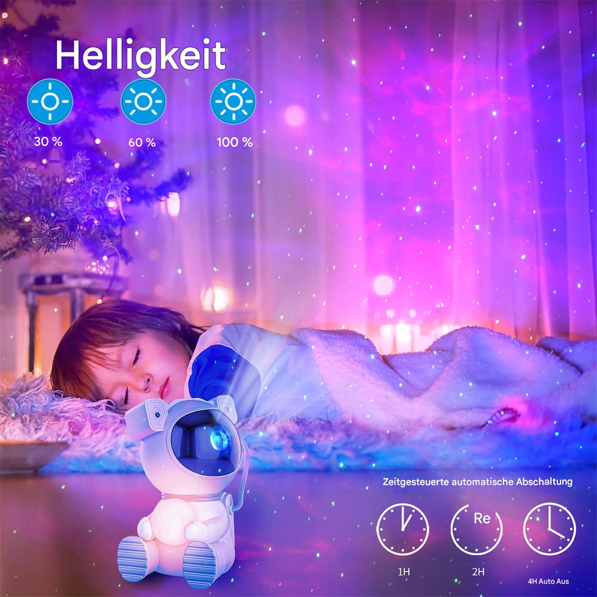 Ein Kind schläft neben einem Nachtlicht, das Sterne an die Decke projiziert.