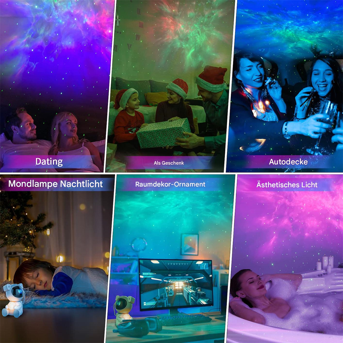 Eine Collage von Fotos, die einen Sternenhimmelprojektor in Gebrauch zeigen. Szenen umfassen Dating, Schenken und Baden. Der Text ist auf Deutsch.