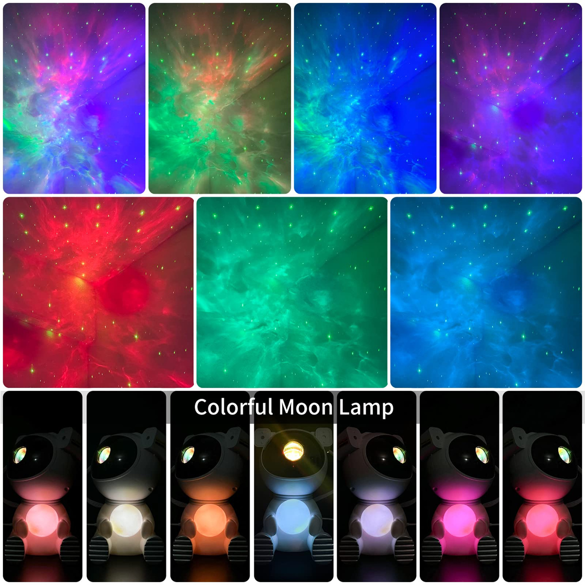 LED-Mondlampe mit mehreren Farbeinstellungen. Die Basis hat sechs cartoonartige Bärenfiguren.