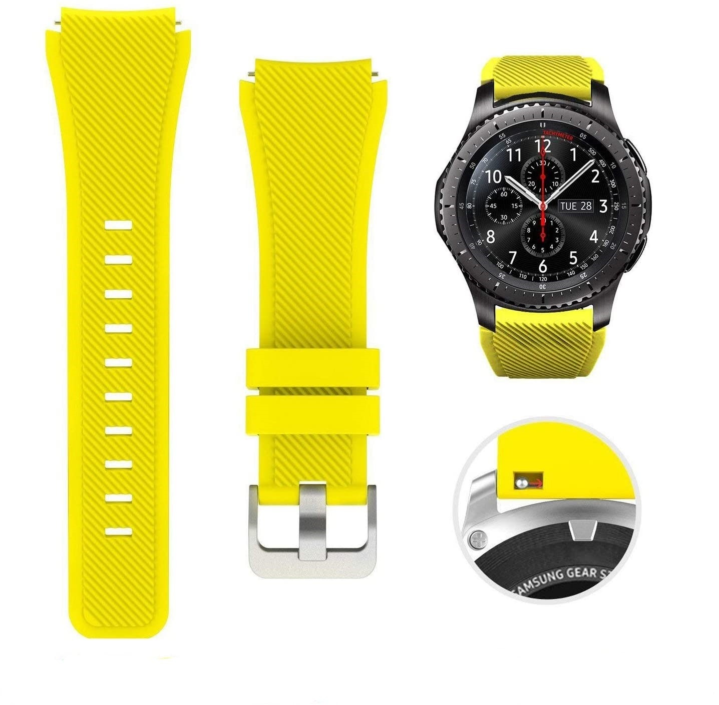 Gelbes Uhrenarmband, Teile und eine Uhr auf weißem Hintergrund mit schwarzem Zifferblatt.