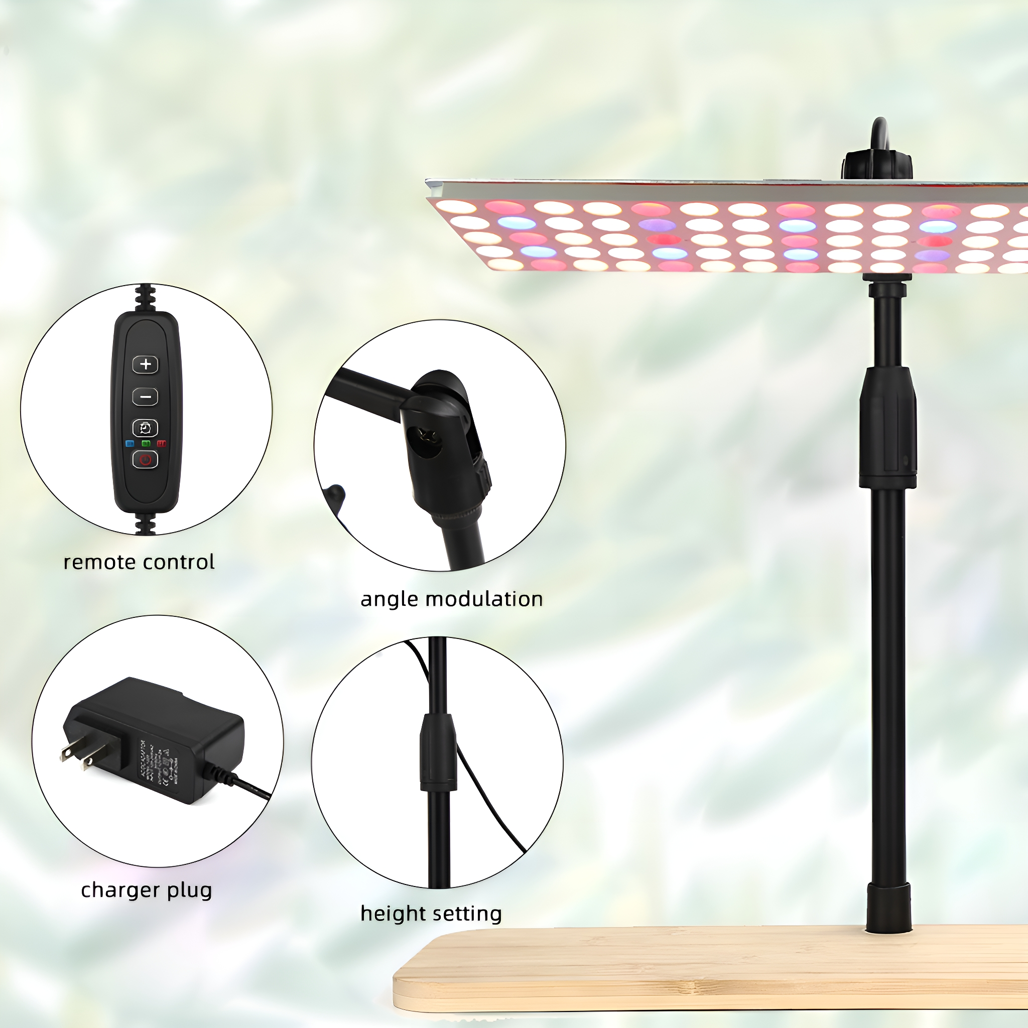 Eine Pflanzenlampe mit Ständer und Fernbedienung. Enthält Details zu Ladegerät, Winkelmodulation und Höheneinstellung.